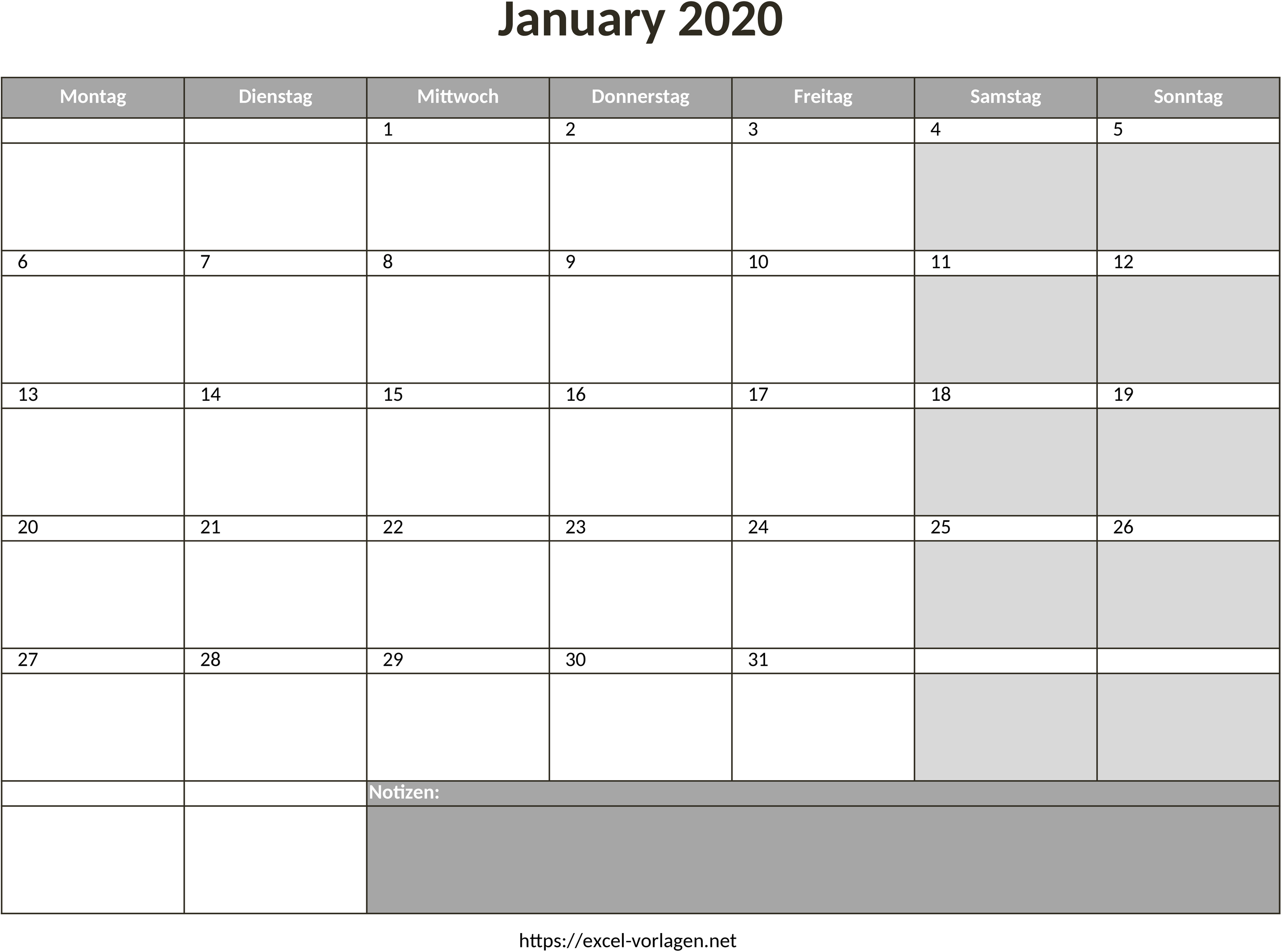 Excel-Vorlage für Monatskalender 2020 in Schwarz-Weiß