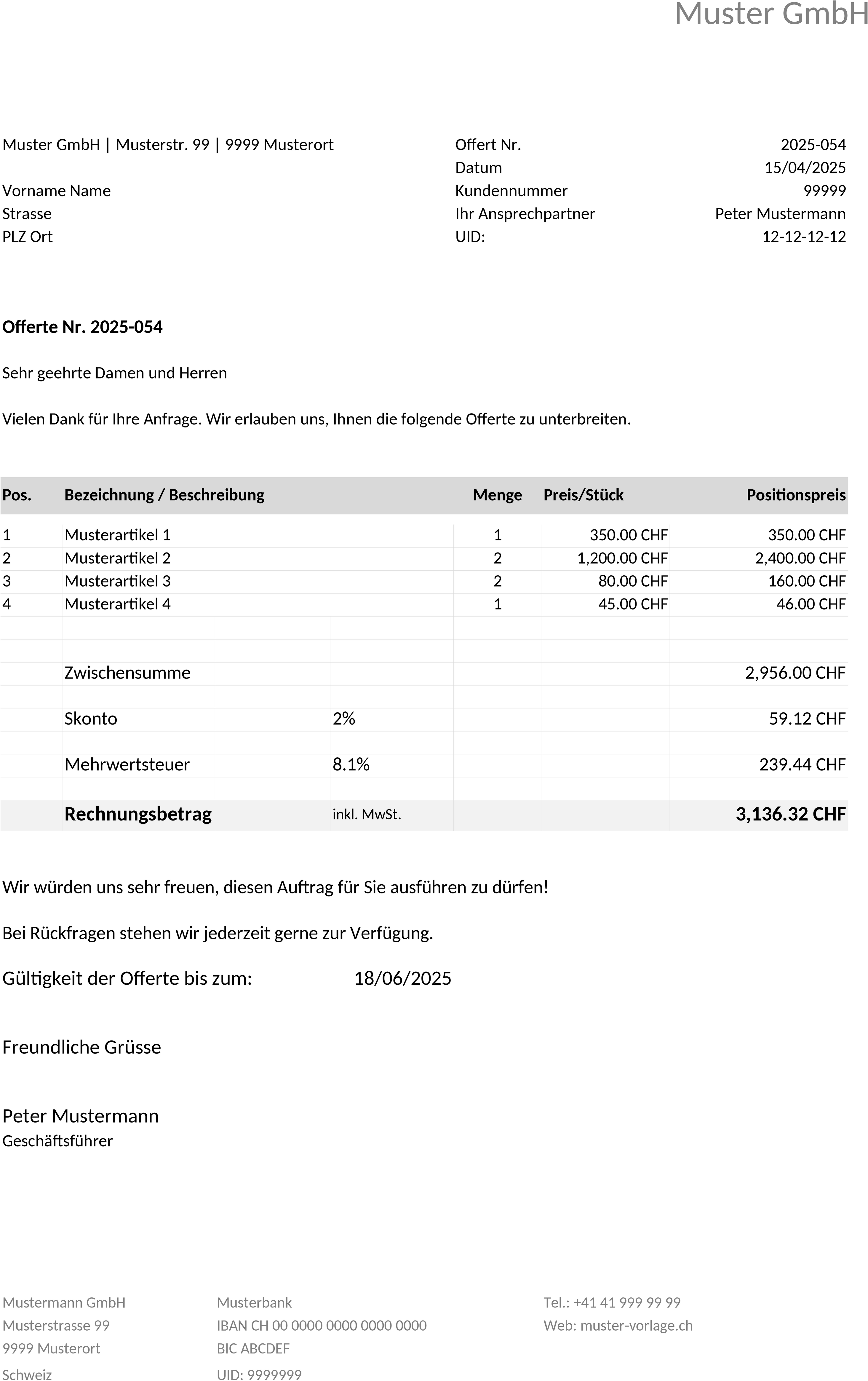 Excel-Vorlage für Offerten und Angebote
