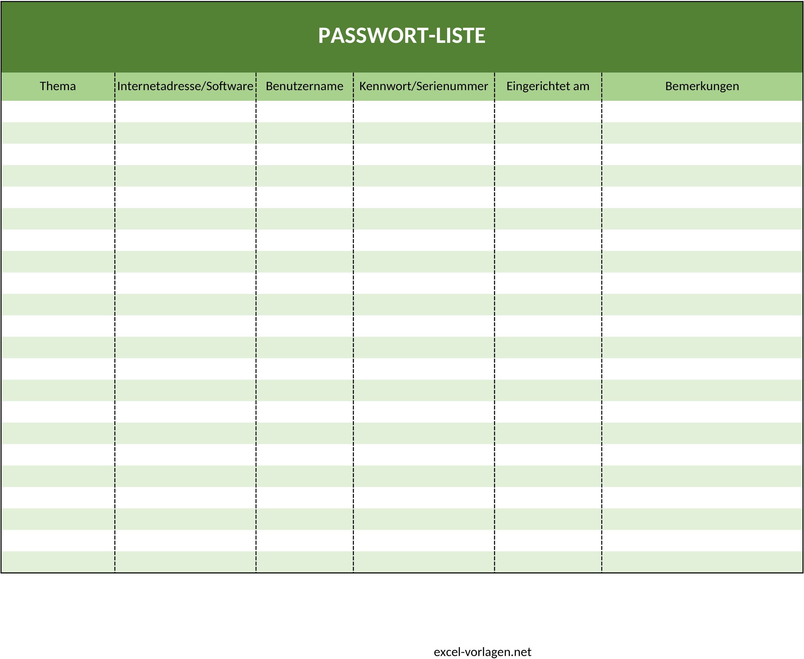 Excel-Vorlage für Passwortliste