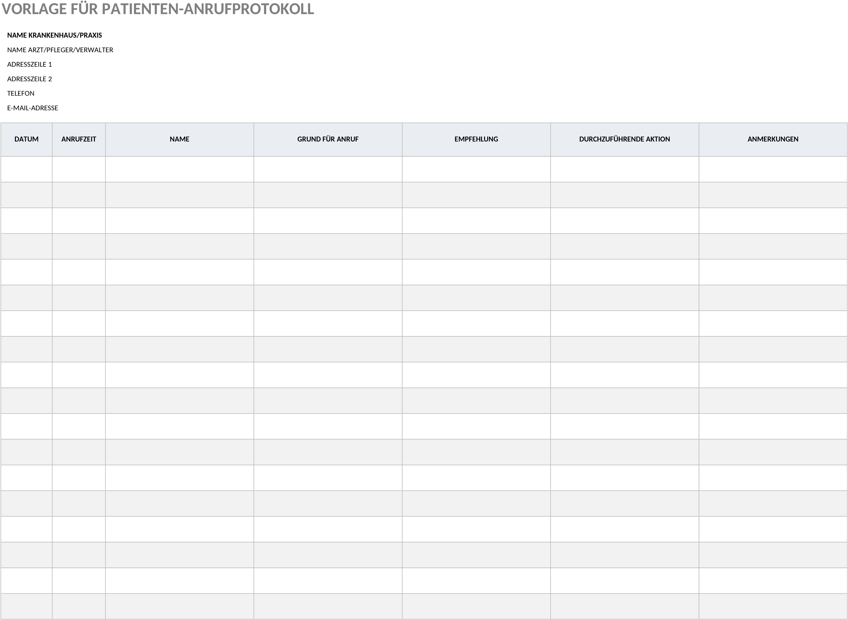 Excel-Vorlage für Patientenanrufprotokollierung