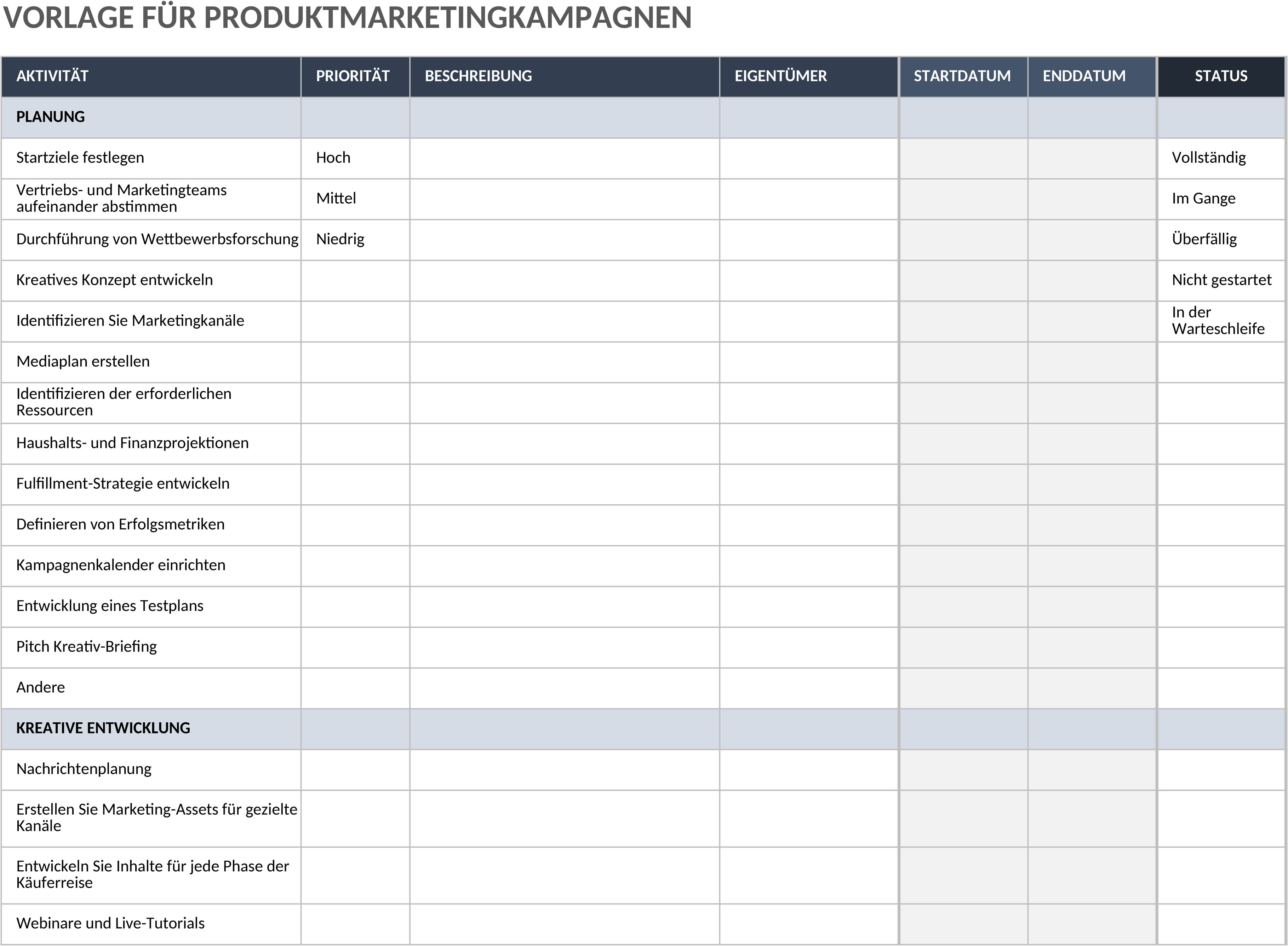 Excel Vorlage für Produktmarketingkampagne