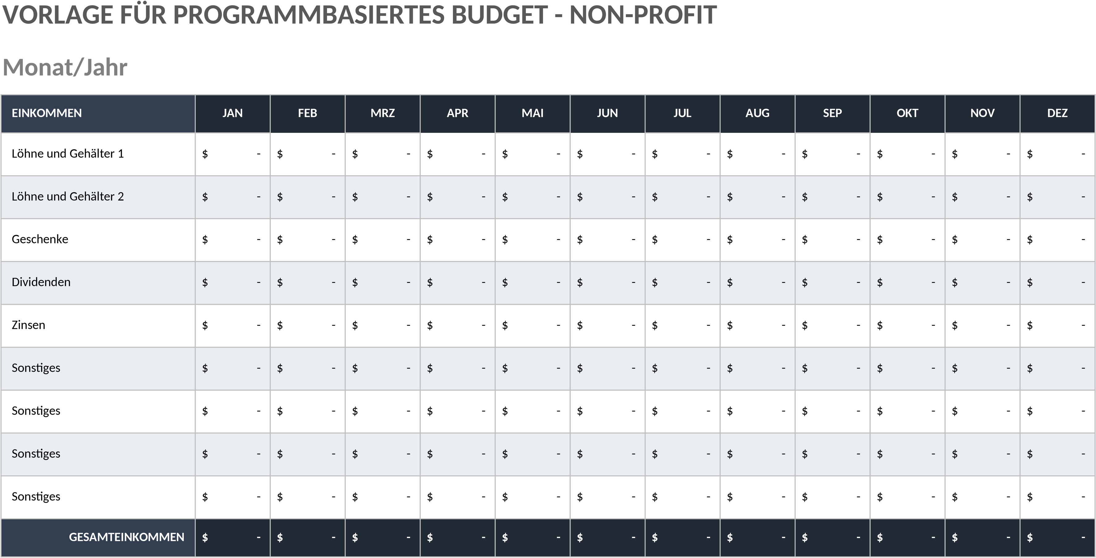 Excel-Vorlage für Programmbezogenes Budget im Non-Profit-Bereich