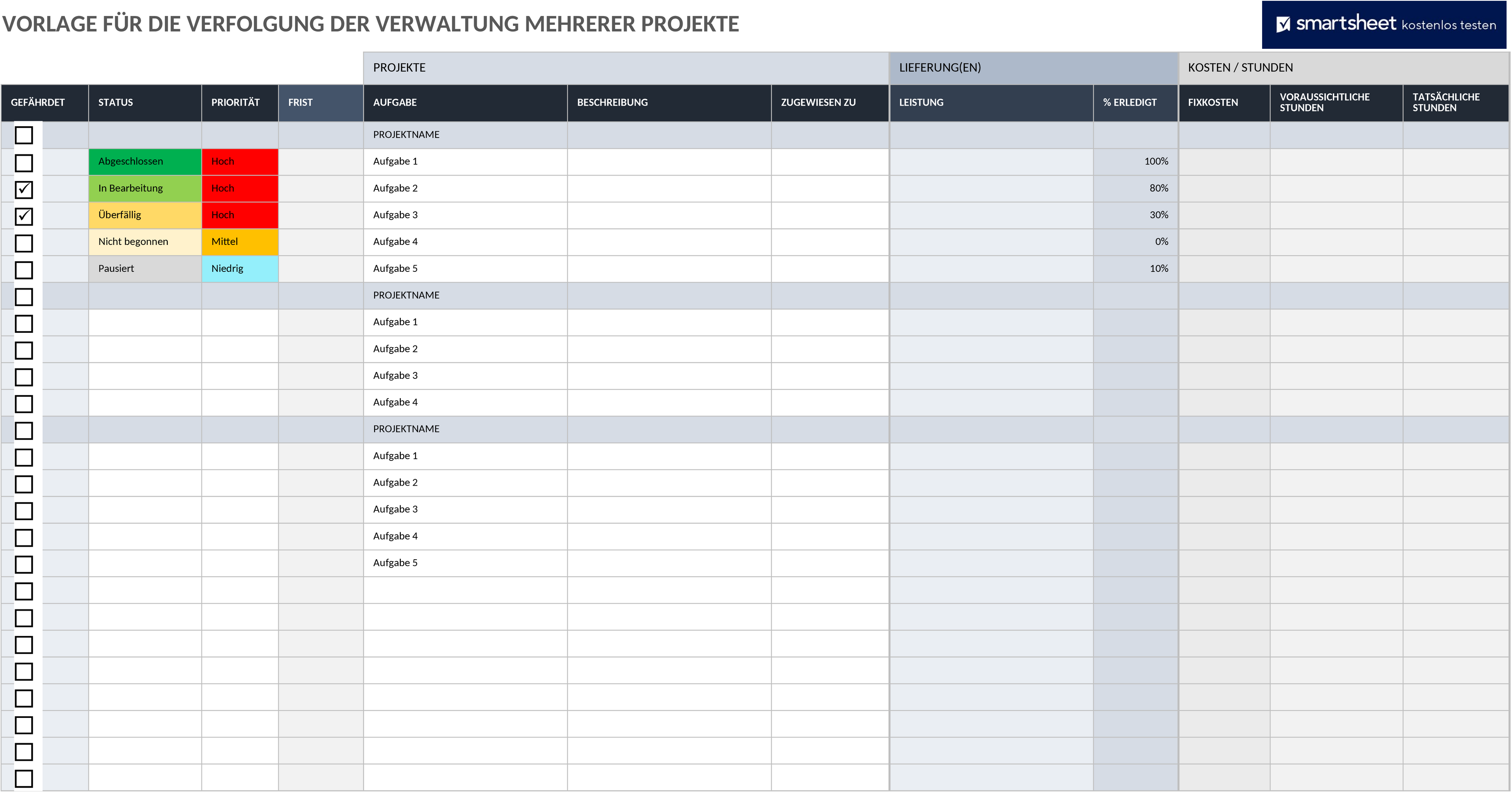 Excel-Vorlage zur Projektmanagement-Überwachung für mehrere Projekte