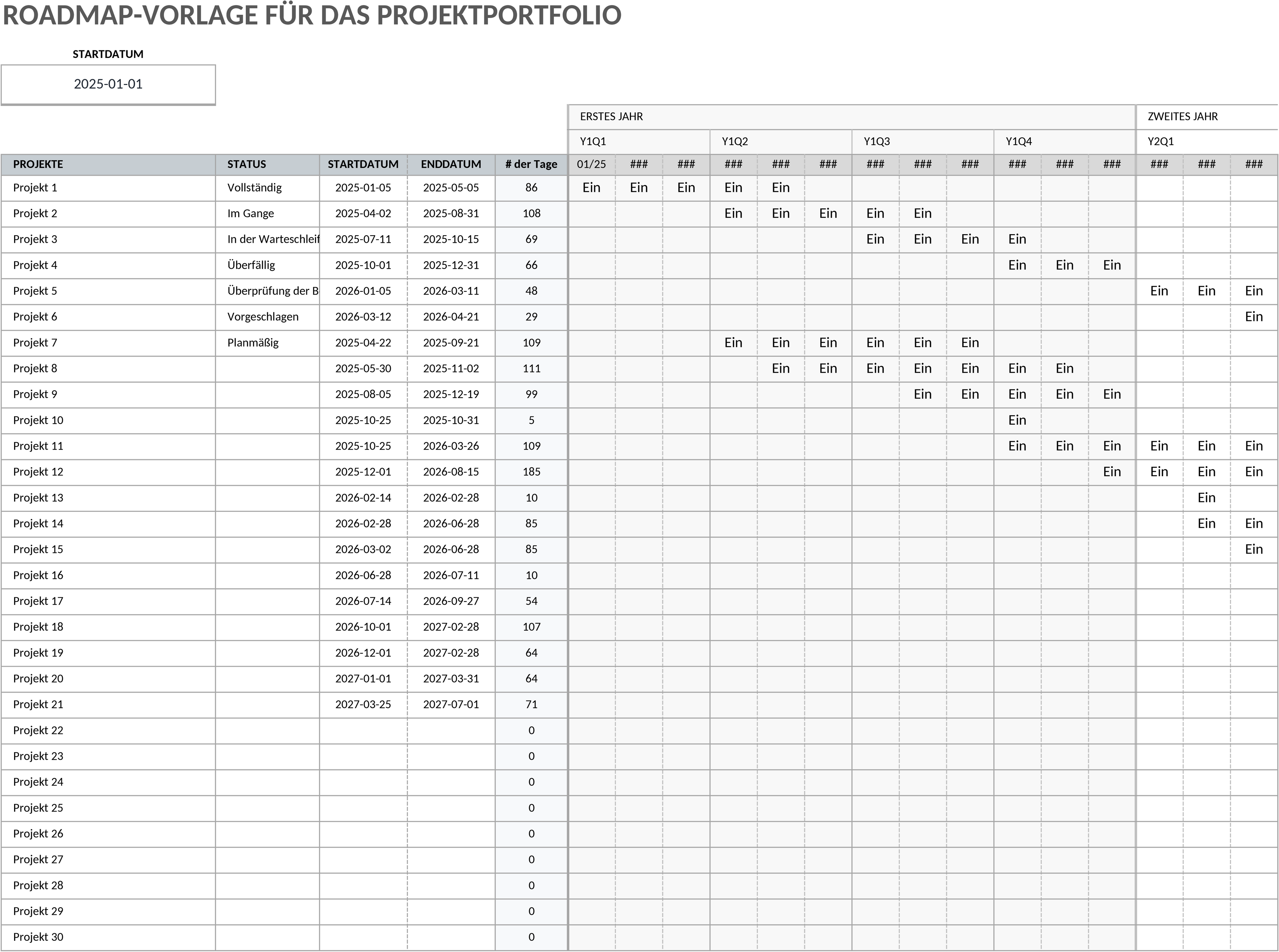 Excel-Vorlage für Projektportfolio-Roadmap