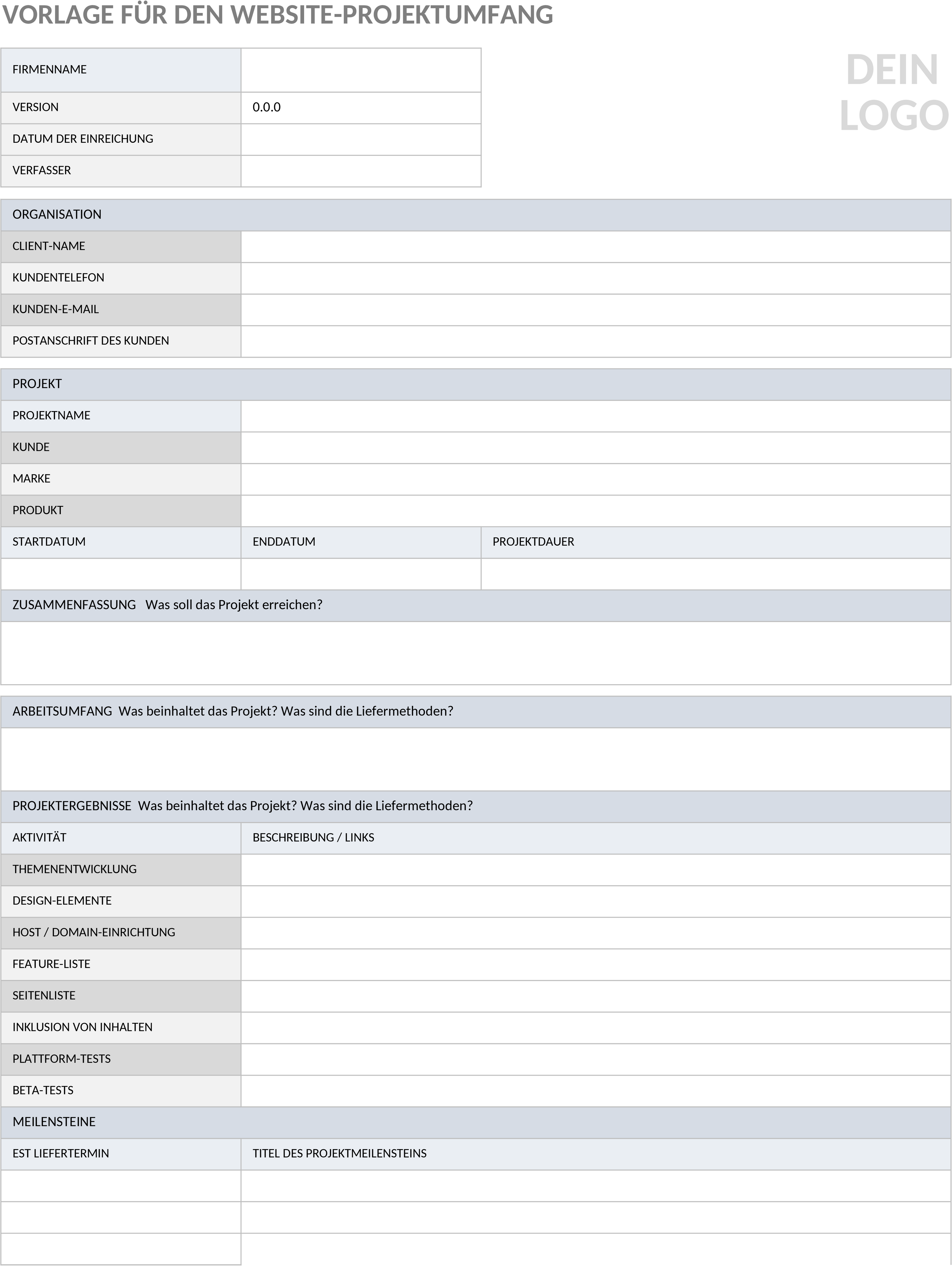 Excel-Vorlage für Projektumfangsplanung im Webdesign