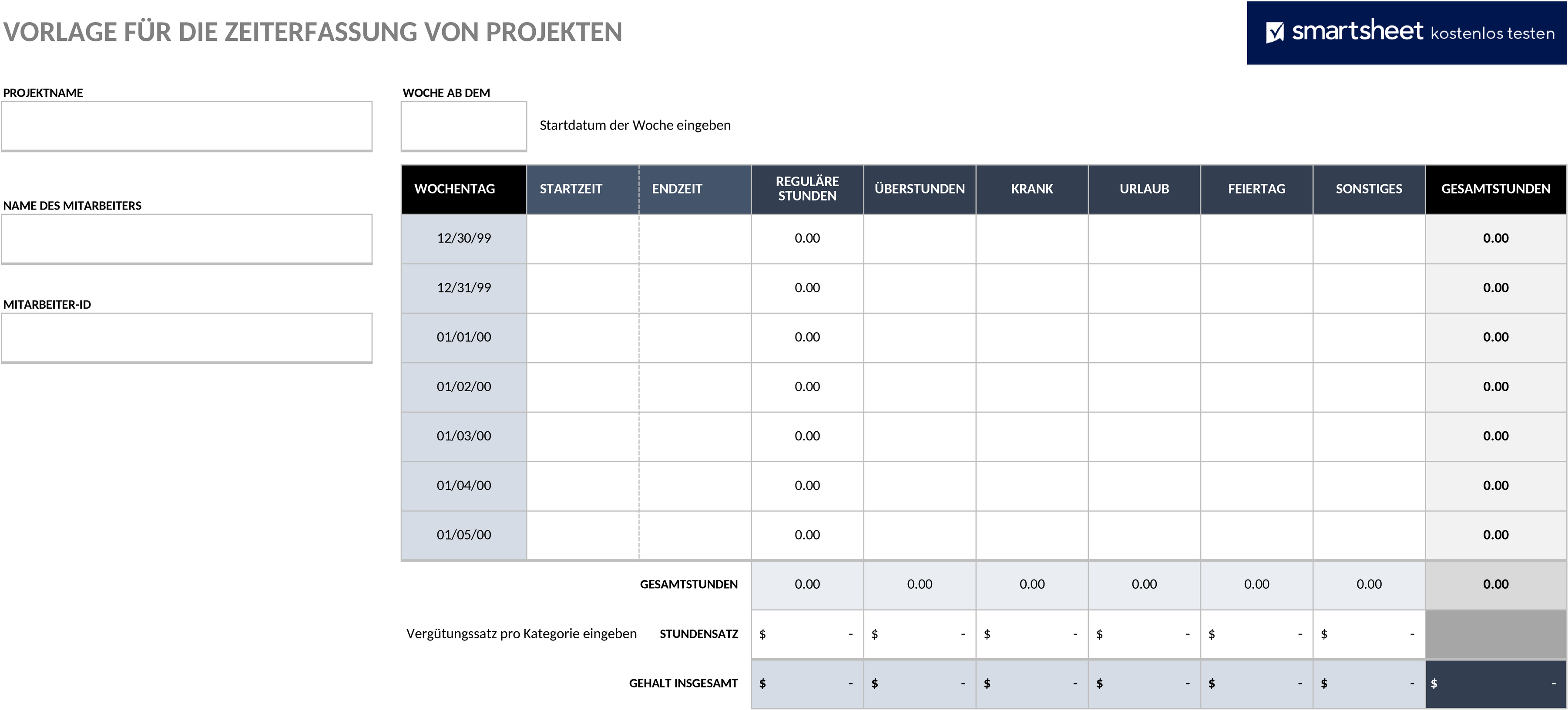 Excel-Vorlage für Projektzeittabellen zur Arbeitszeiterfassung