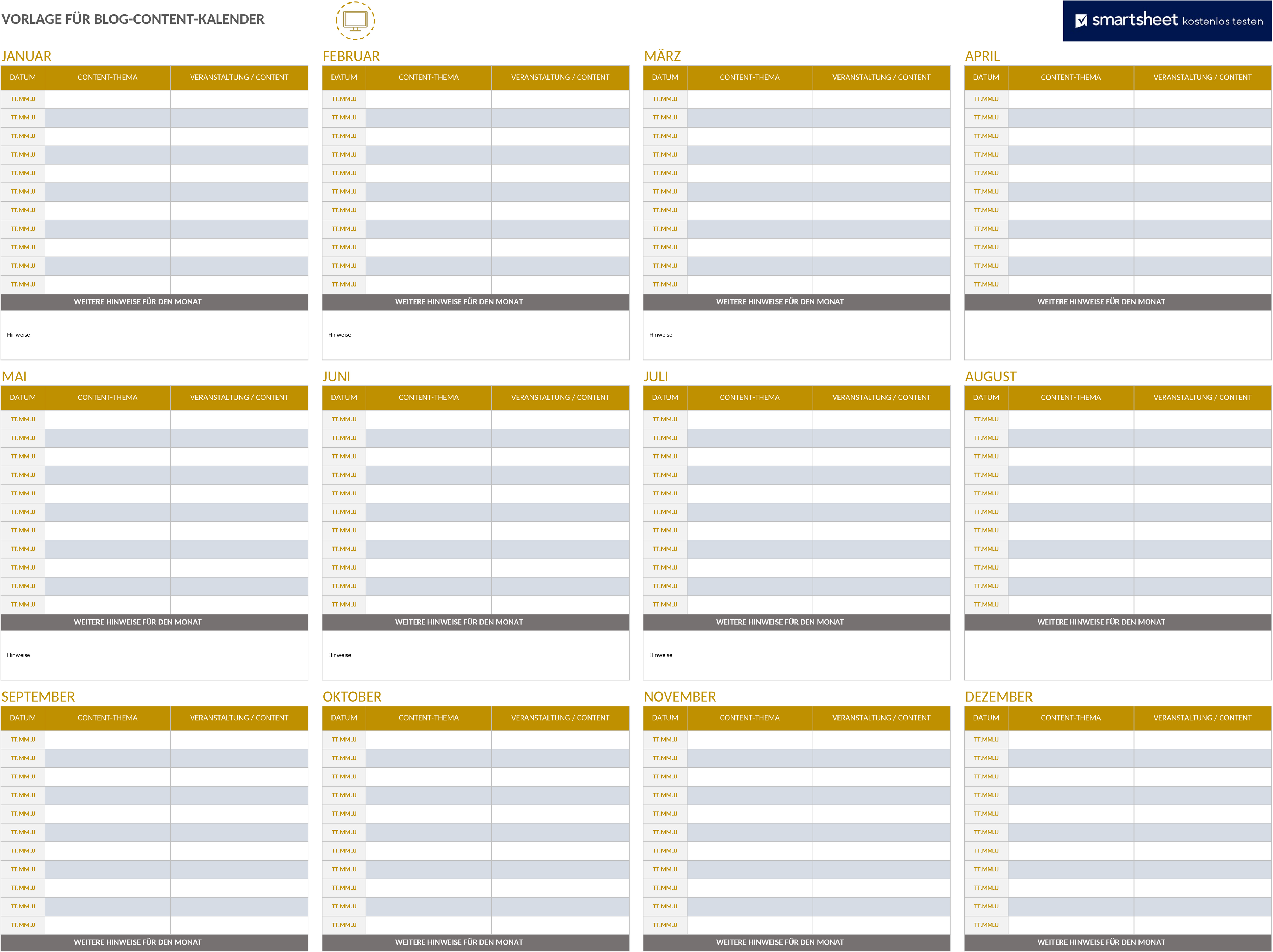 Excel-Vorlage für Redaktionskalender im Blogging