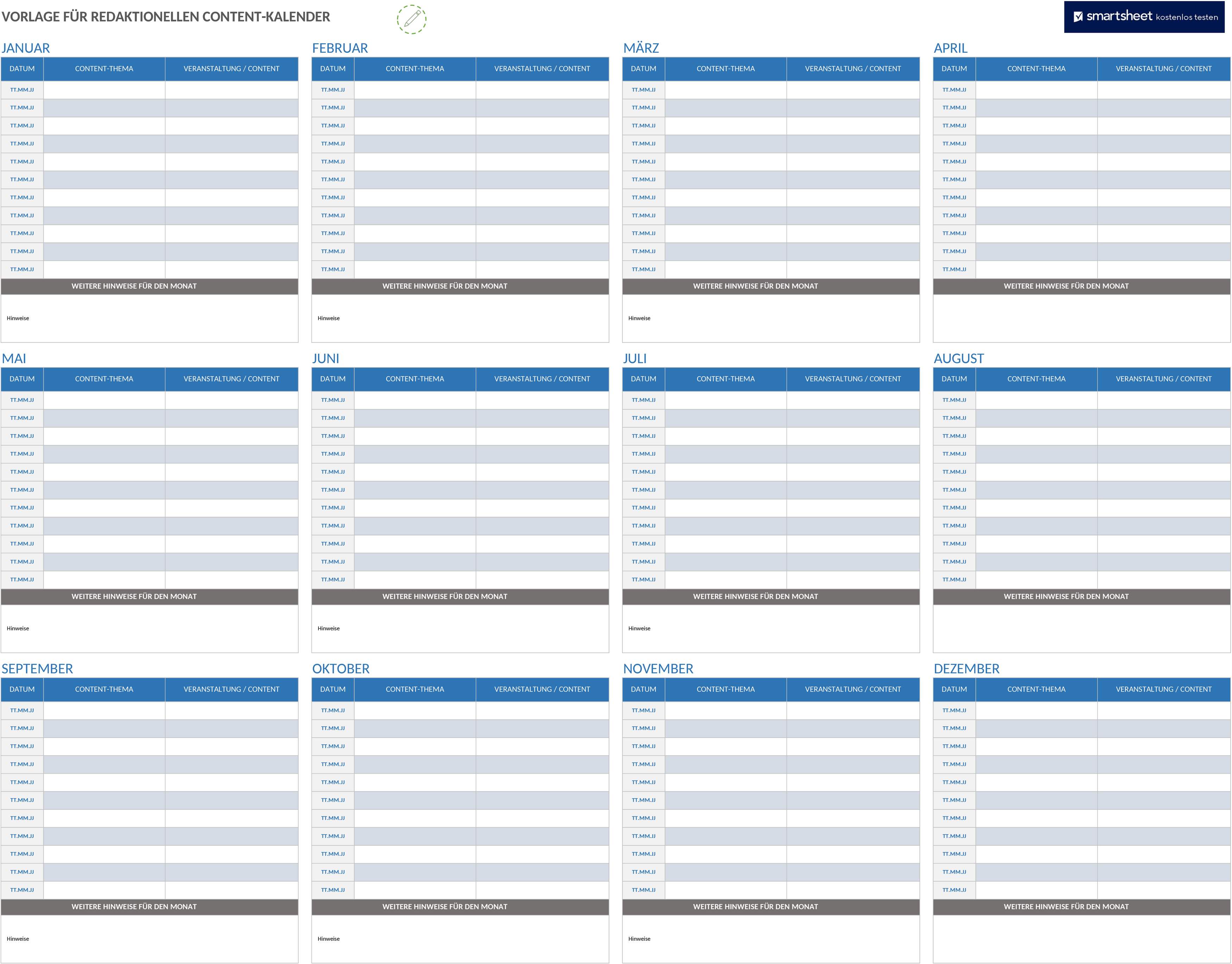 Excel-Vorlage Redaktionskalender für Content-Planung