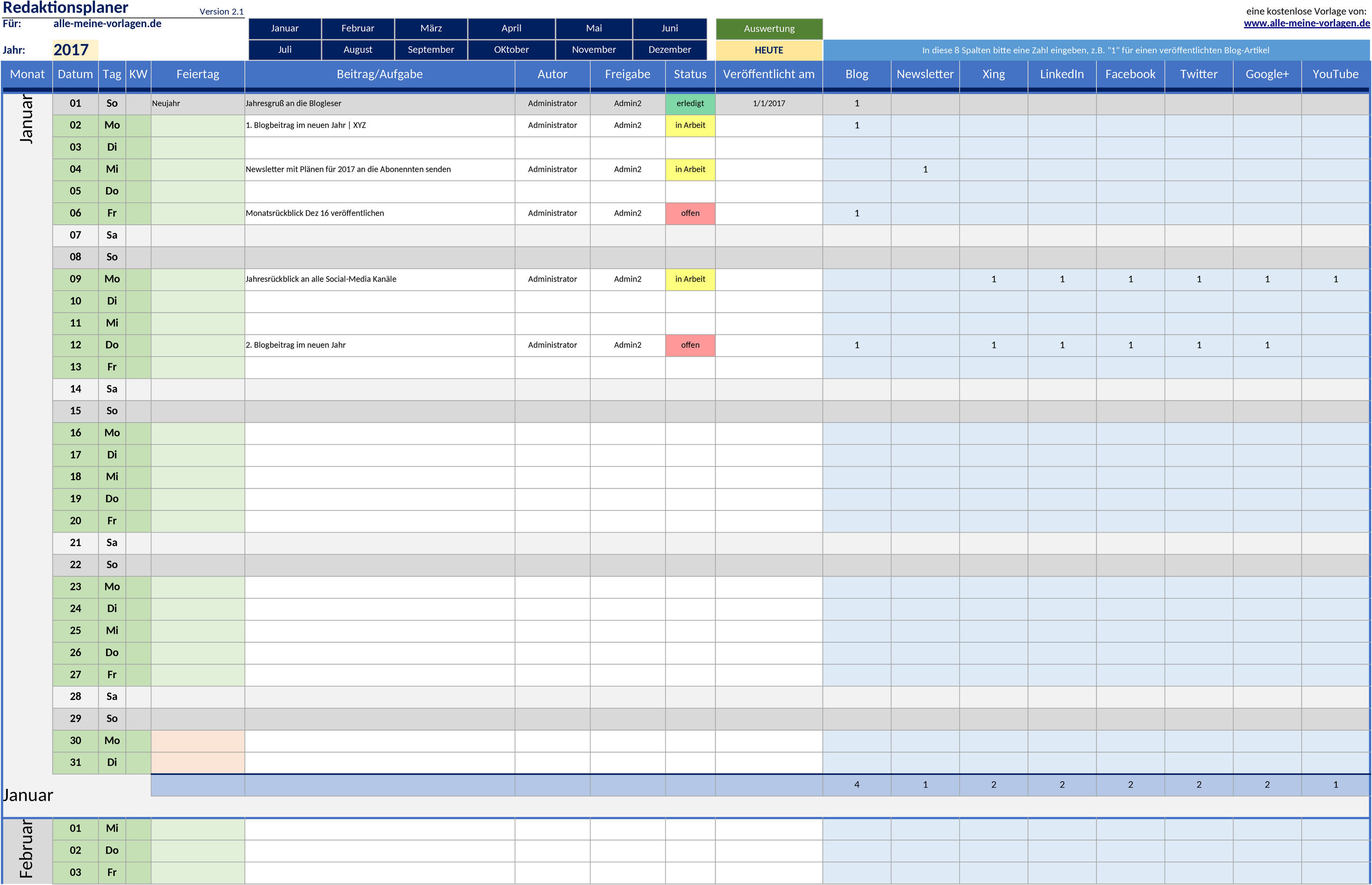 Excel-Vorlage Redaktionsplan für Content-Strategie