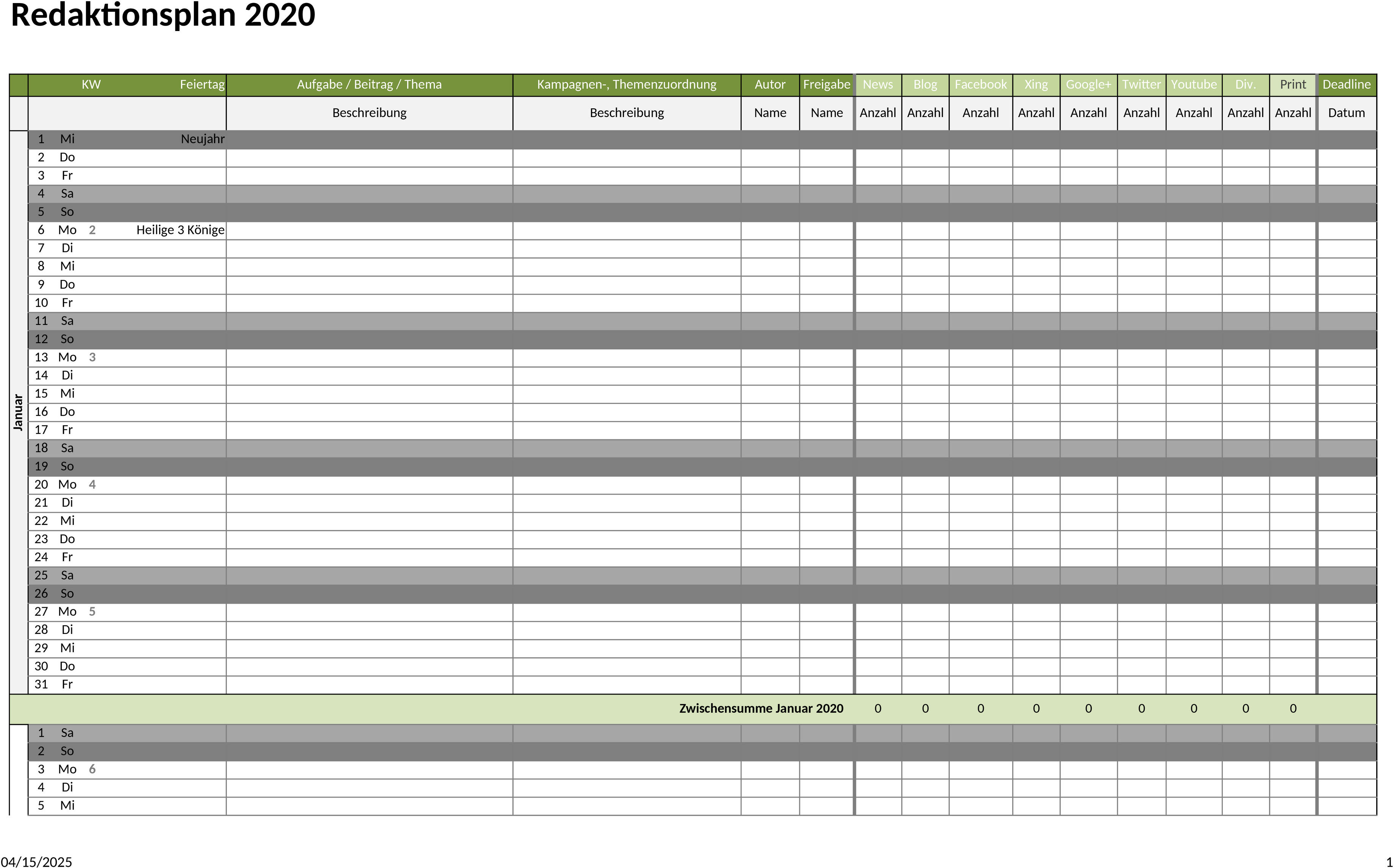 Excel-Vorlage Redaktionsplan 2023 für Content-Planung