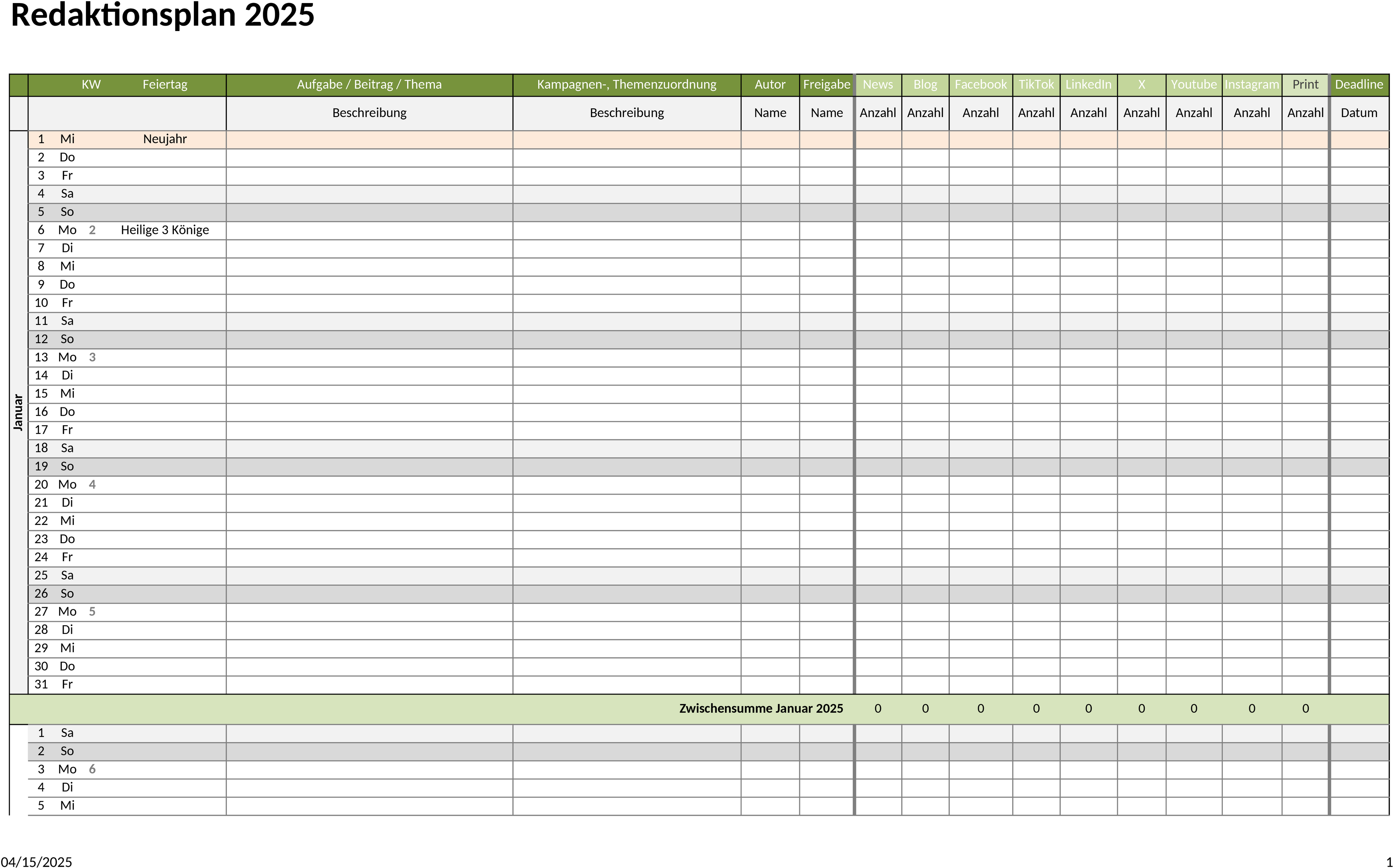 Excel-Vorlage Redaktionsplan 2025: Strukturierte Content-Planung für Marketingteams