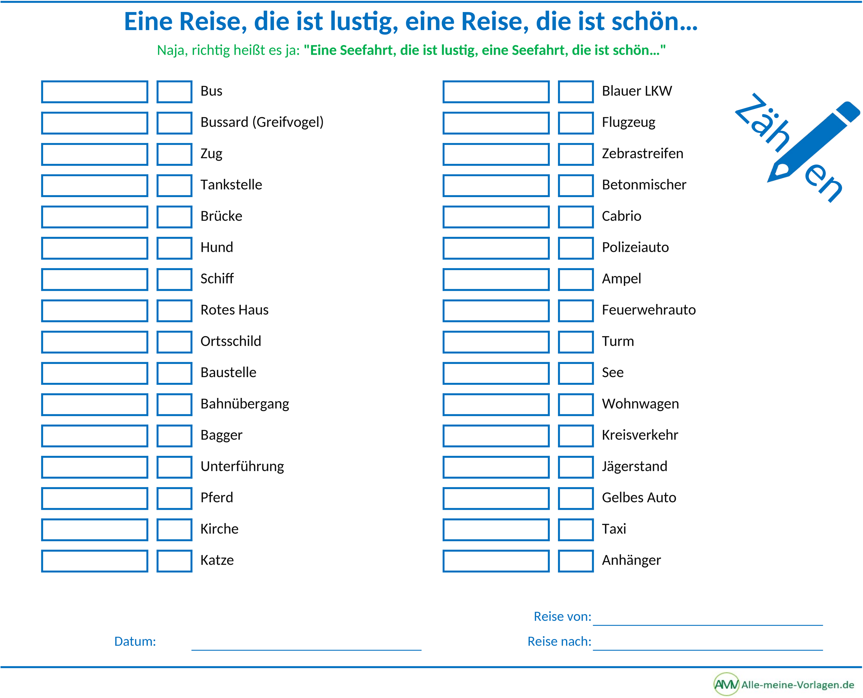 Excel-Vorlage für Reisespiel Zählen für Kinder