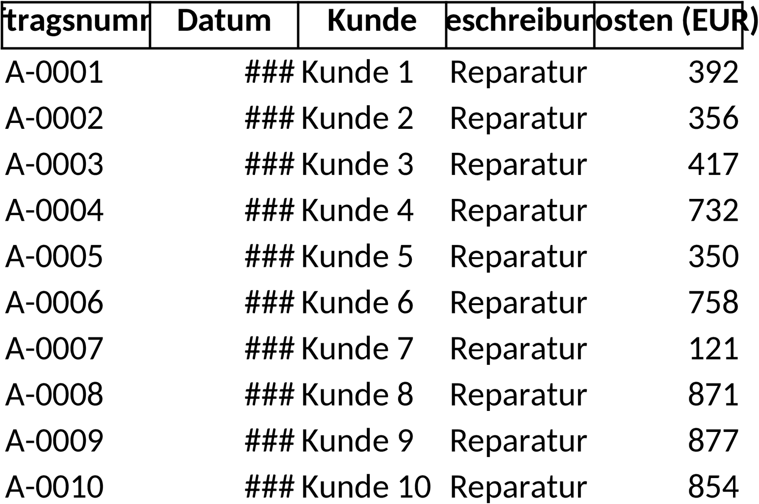 Excel-Vorlage für Reparaturaufträge