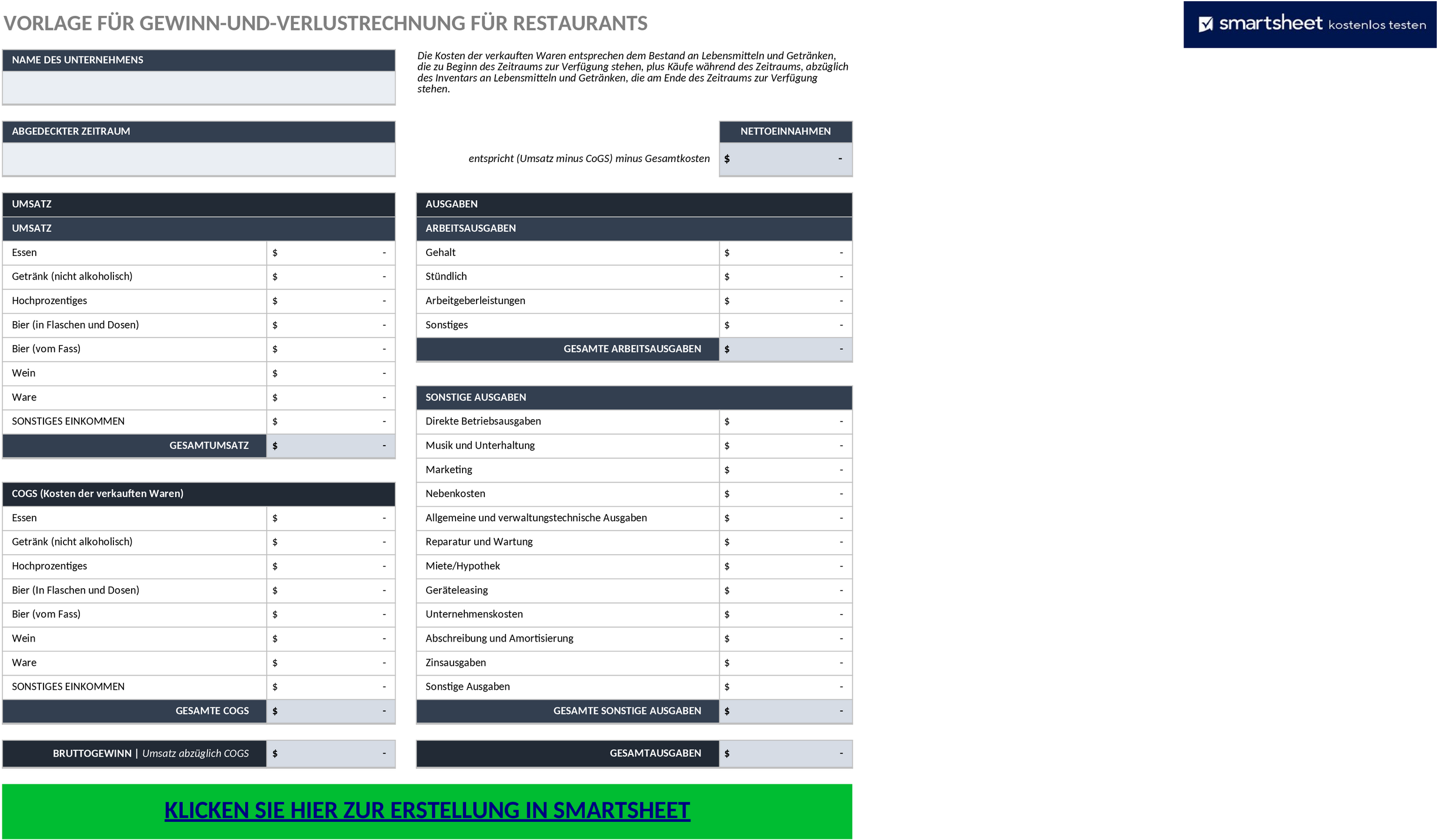 Excel-Vorlage für Gewinn- und Verlustrechnung im Restaurantbetrieb