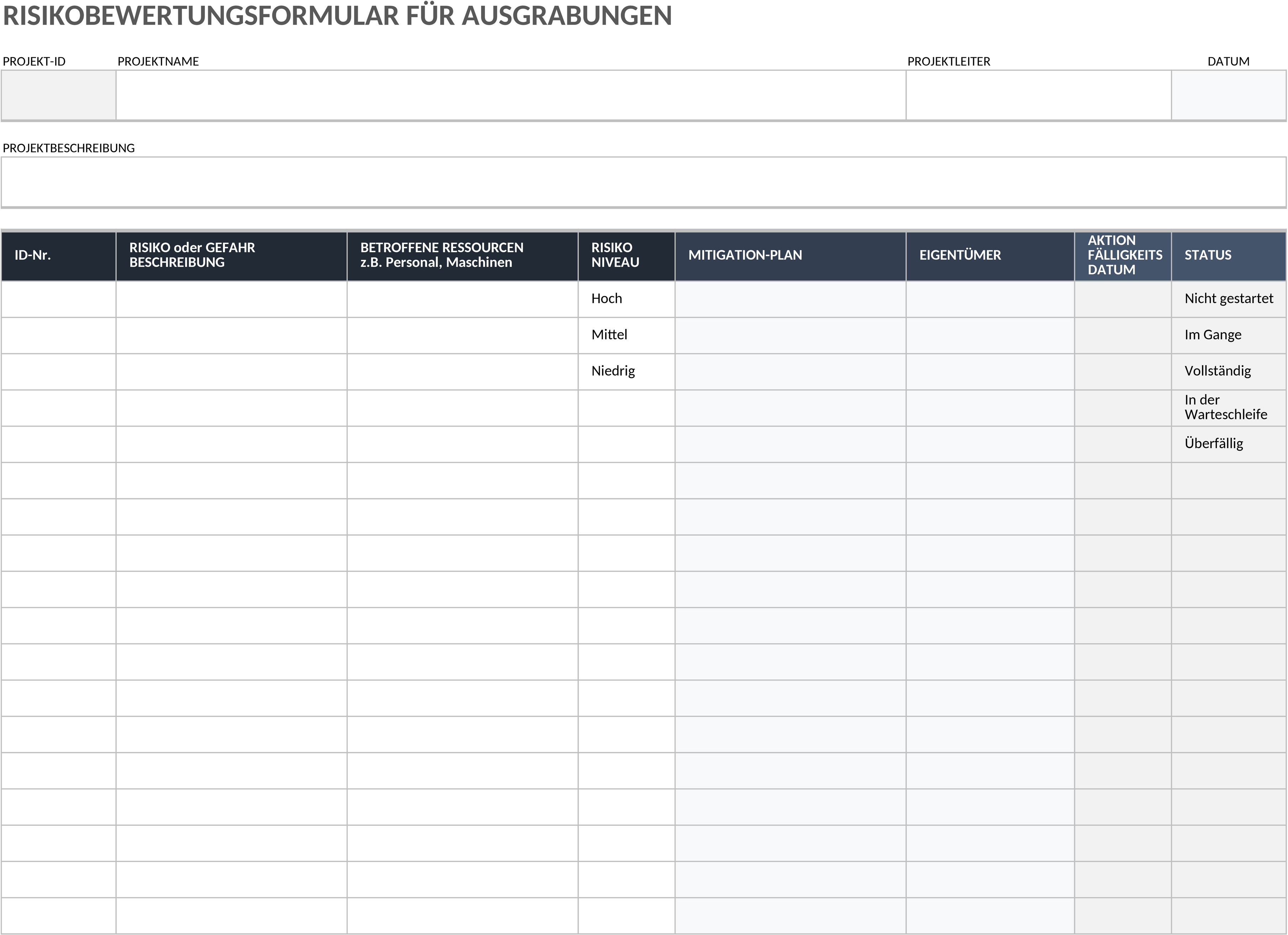 Excel-Vorlage für Risikoanalyse bei Bauausgrabungen