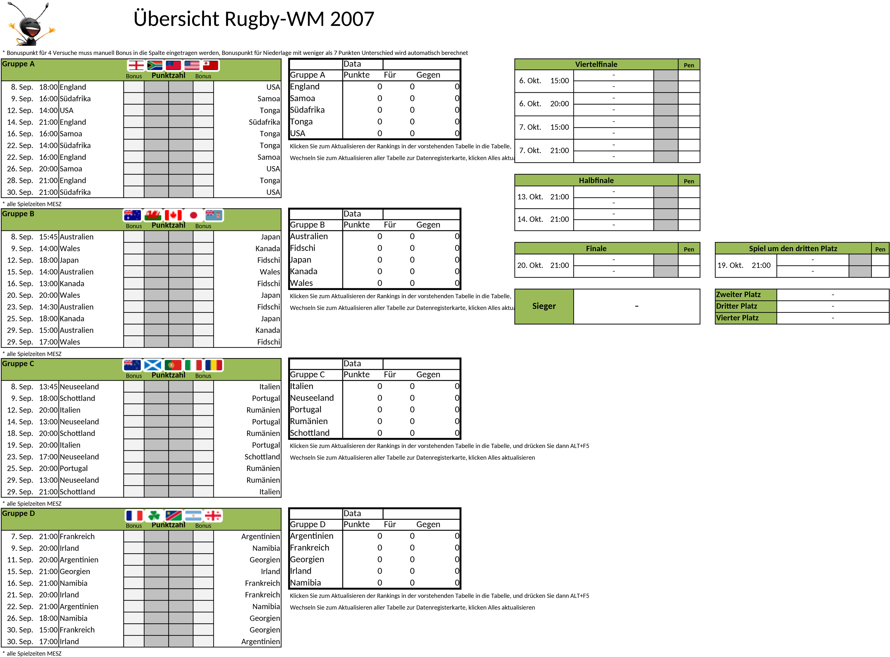 Excel-Vorlage für Rugby-Weltmeisterschaftsplanung