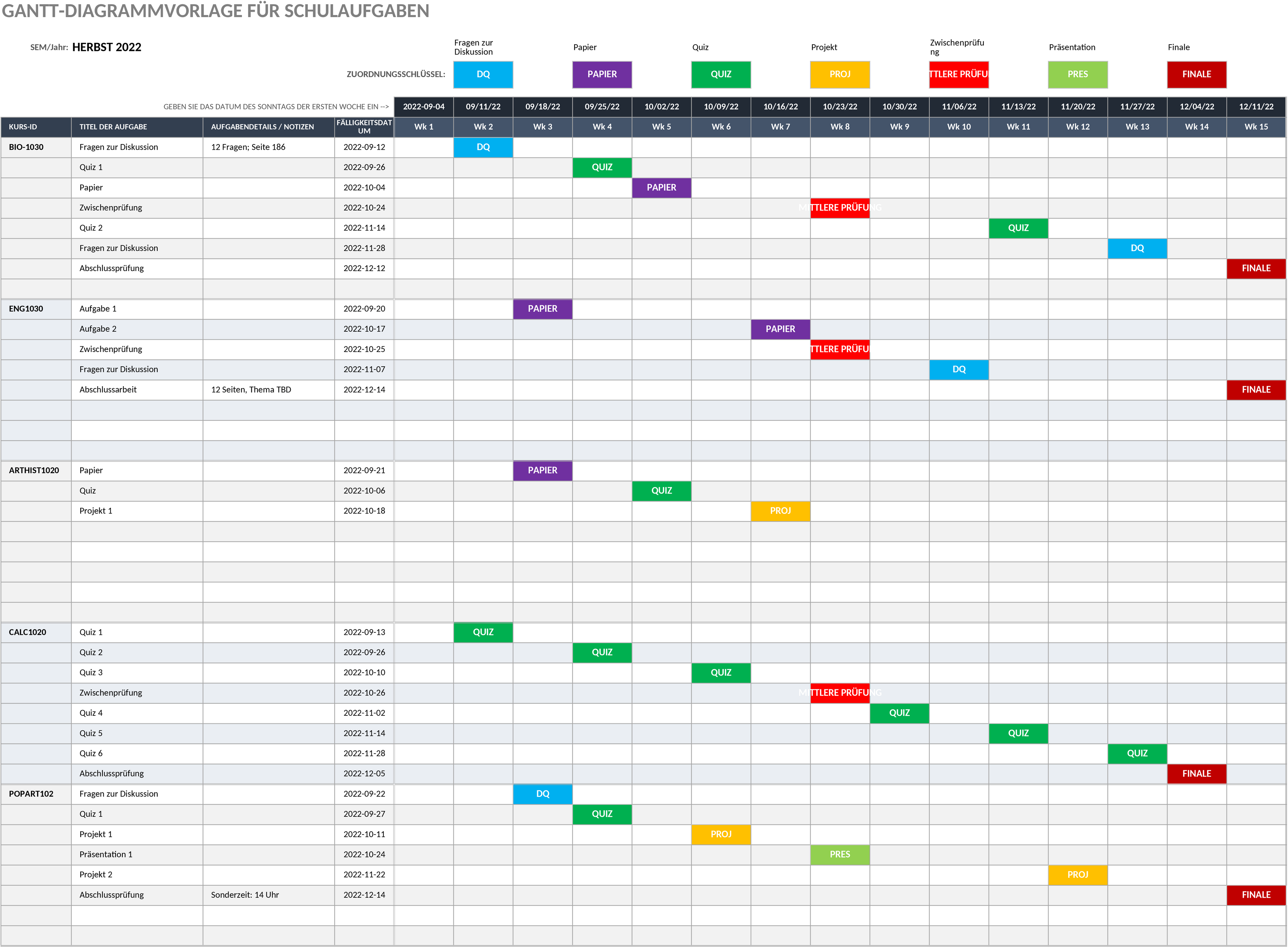 Excel-Vorlage für Schulaufgaben-Gantt-Diagramm