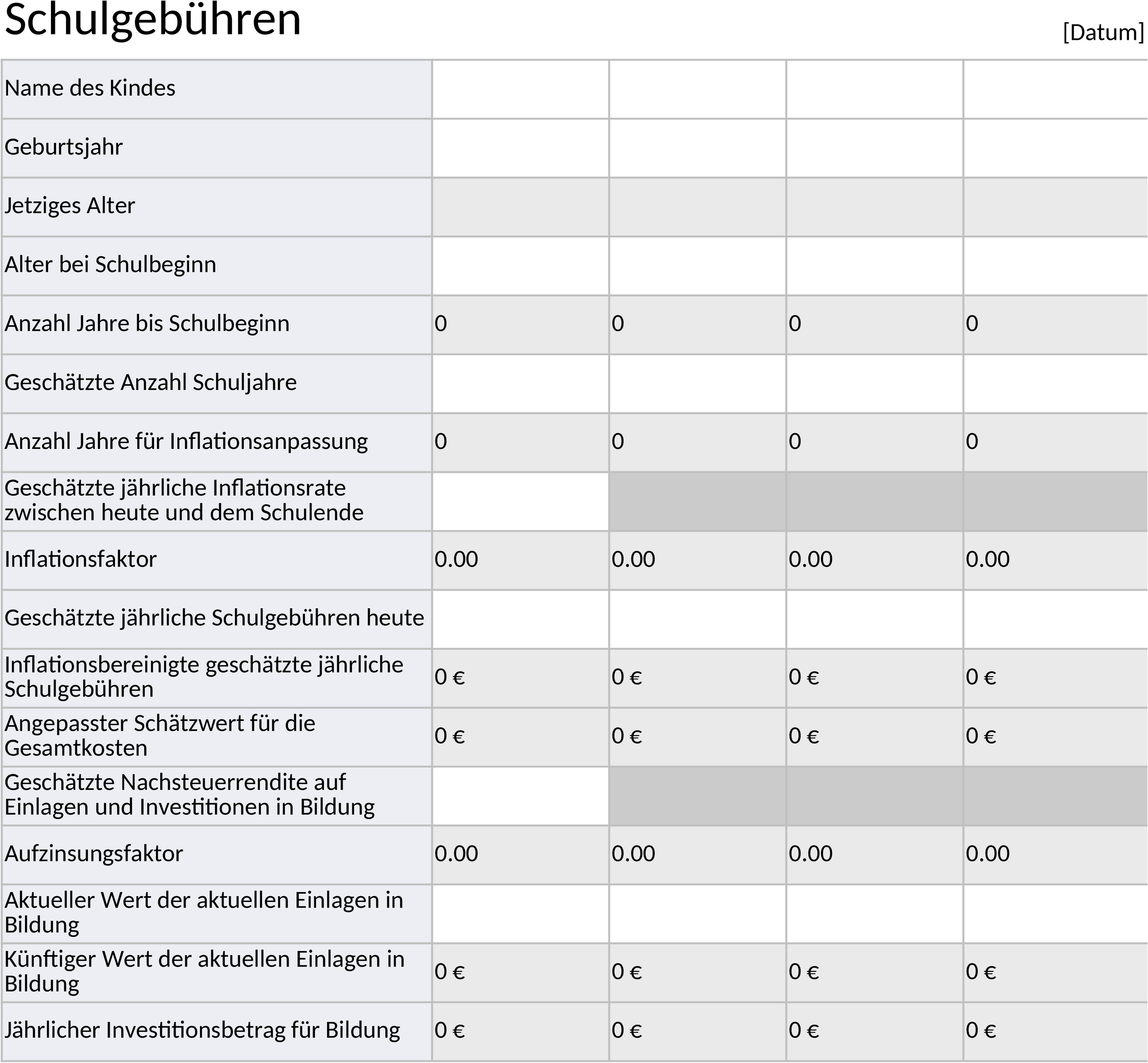 Excel-Vorlage zur Schulgebührenberechnung