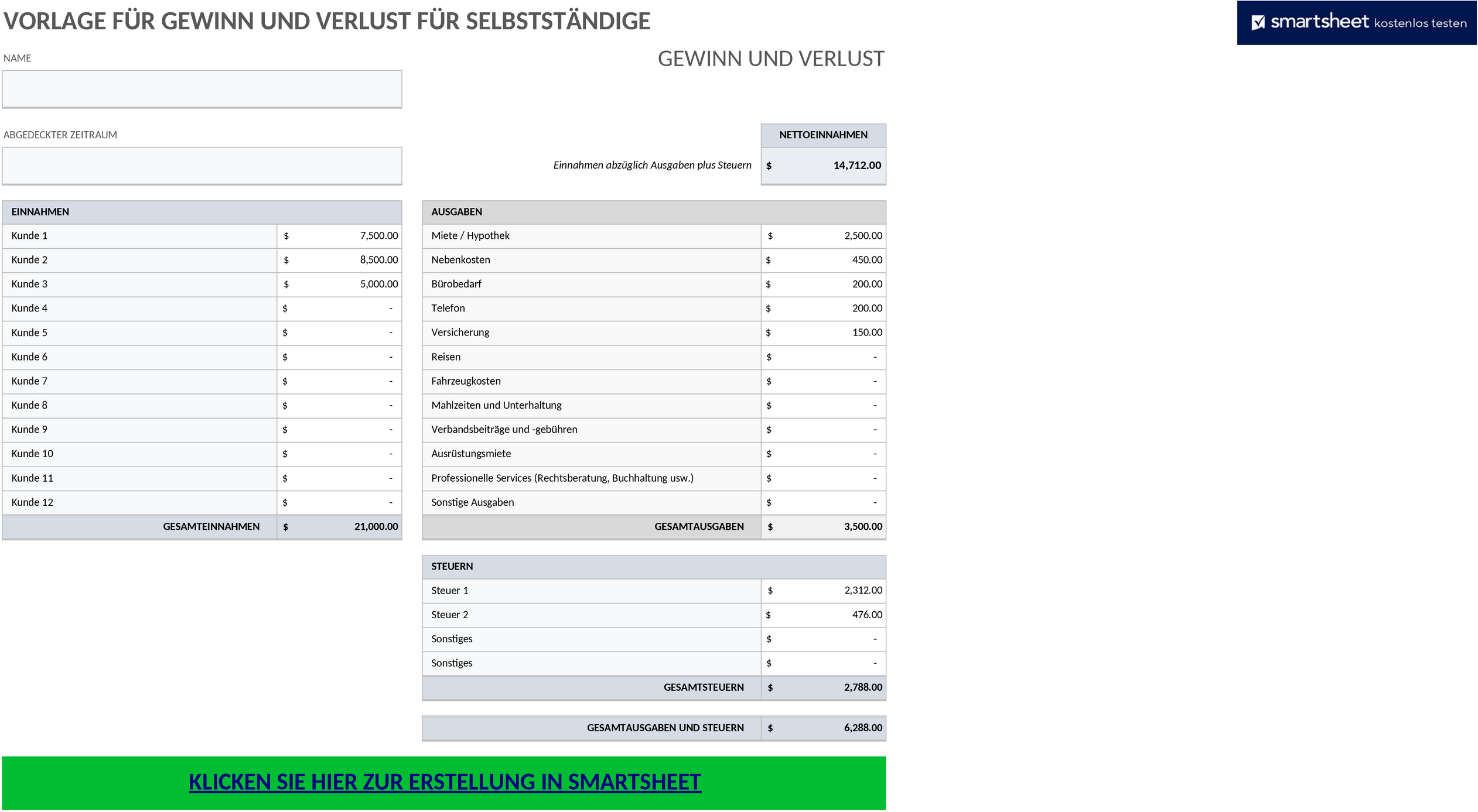 Excel-Vorlage für Selbstständigen Gewinn- und Verlustrechnung