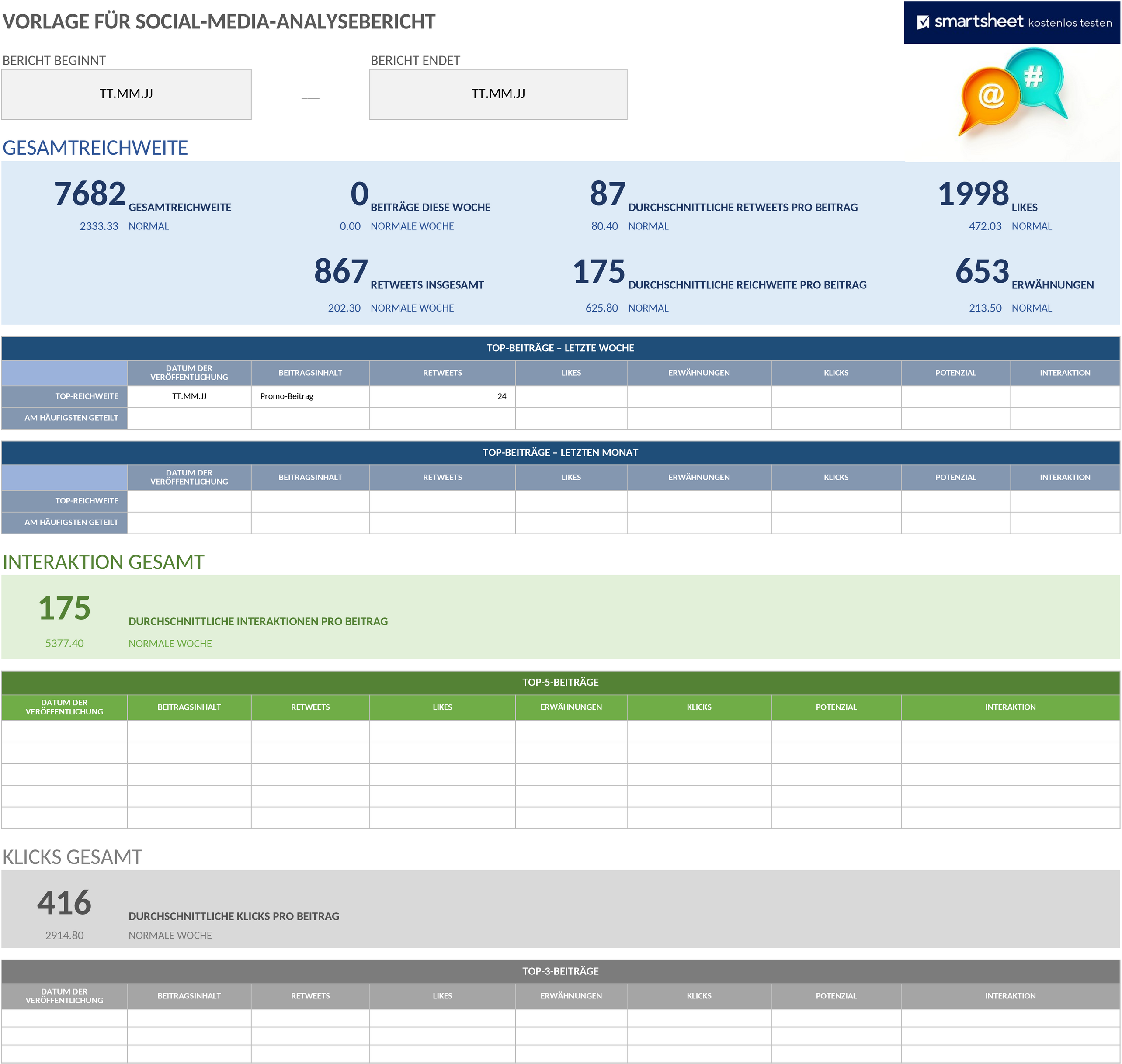 Excel-Vorlage für Social Media Analyseberichte