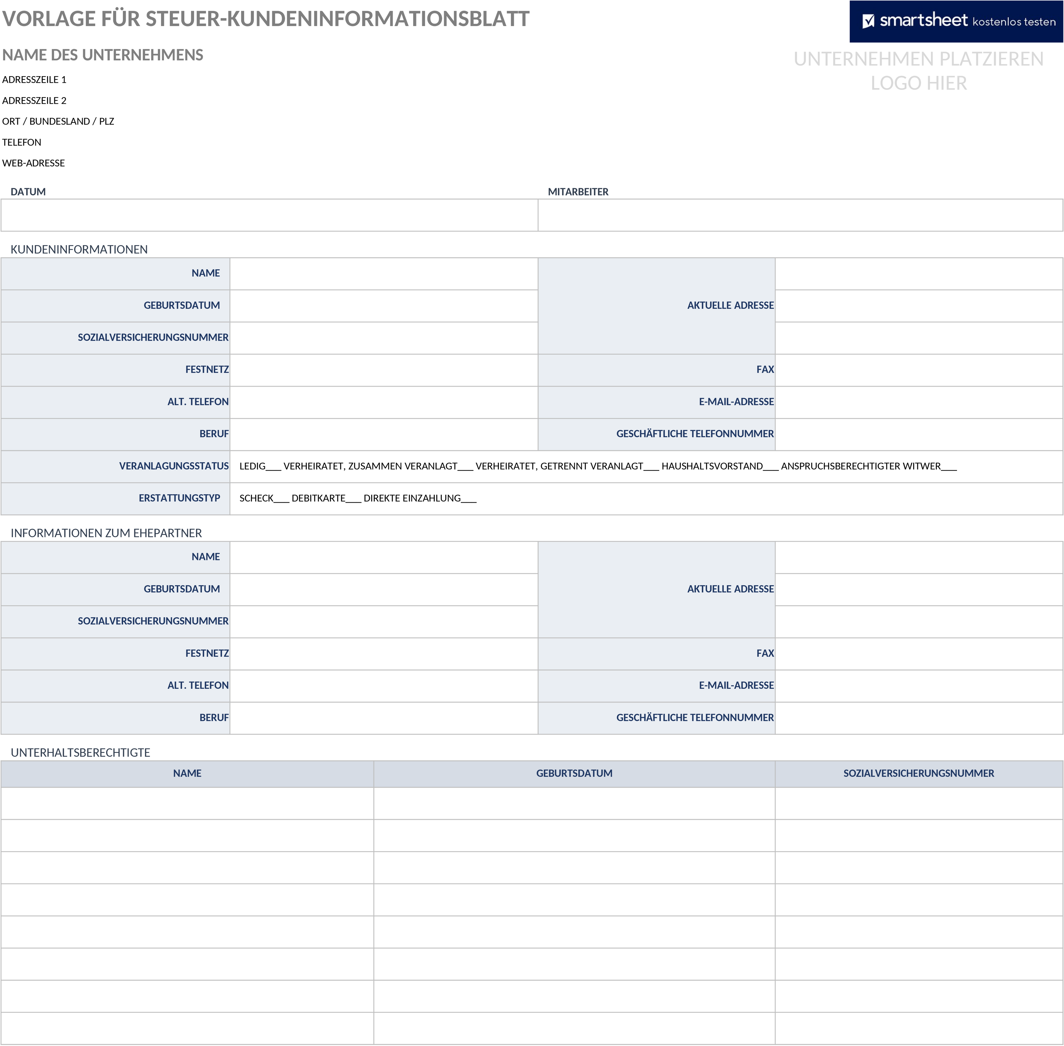 Excel-Vorlage für Steuerliche Kundeninformation