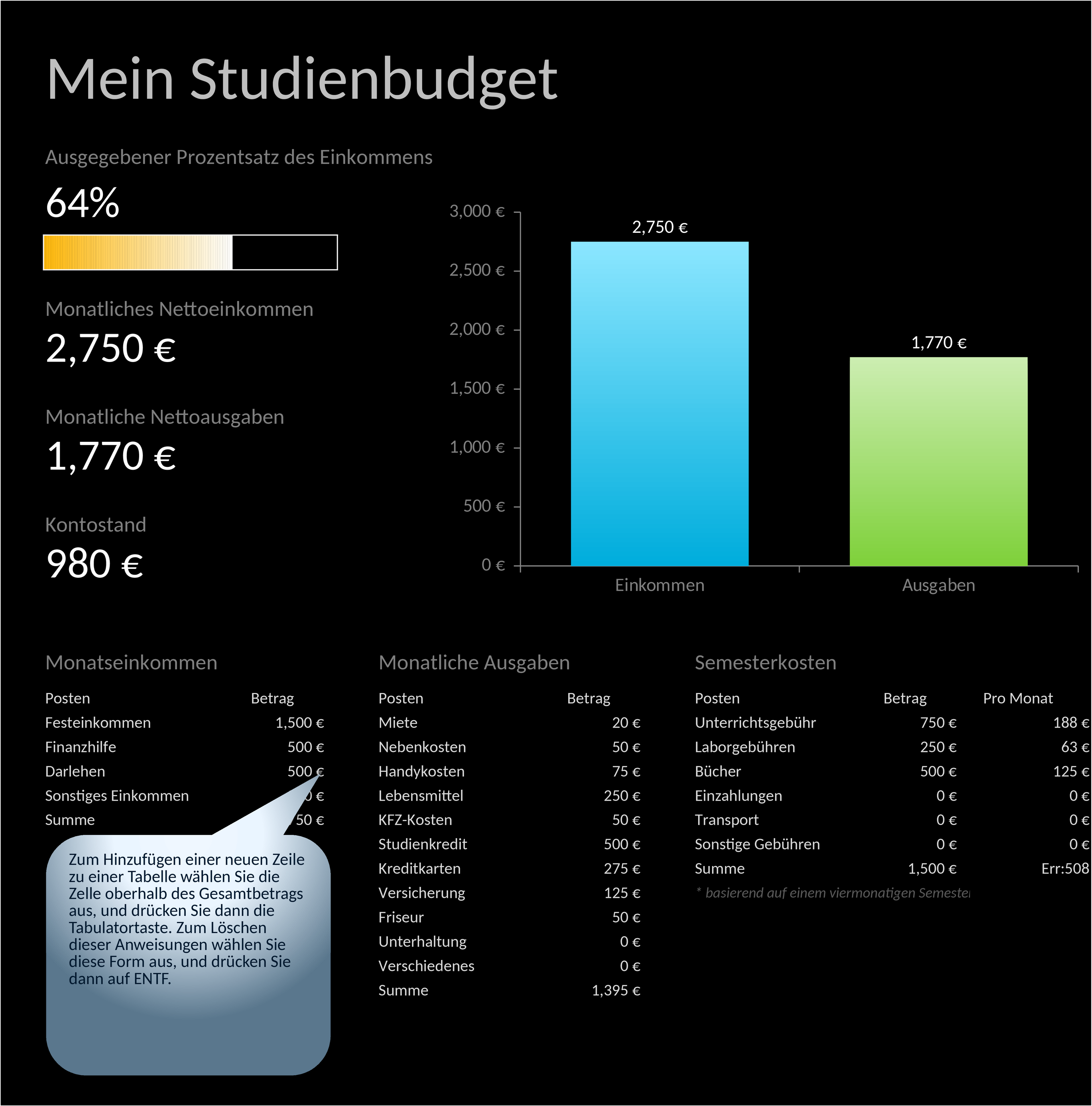 Excel-Vorlage Studienbudget für Studenten