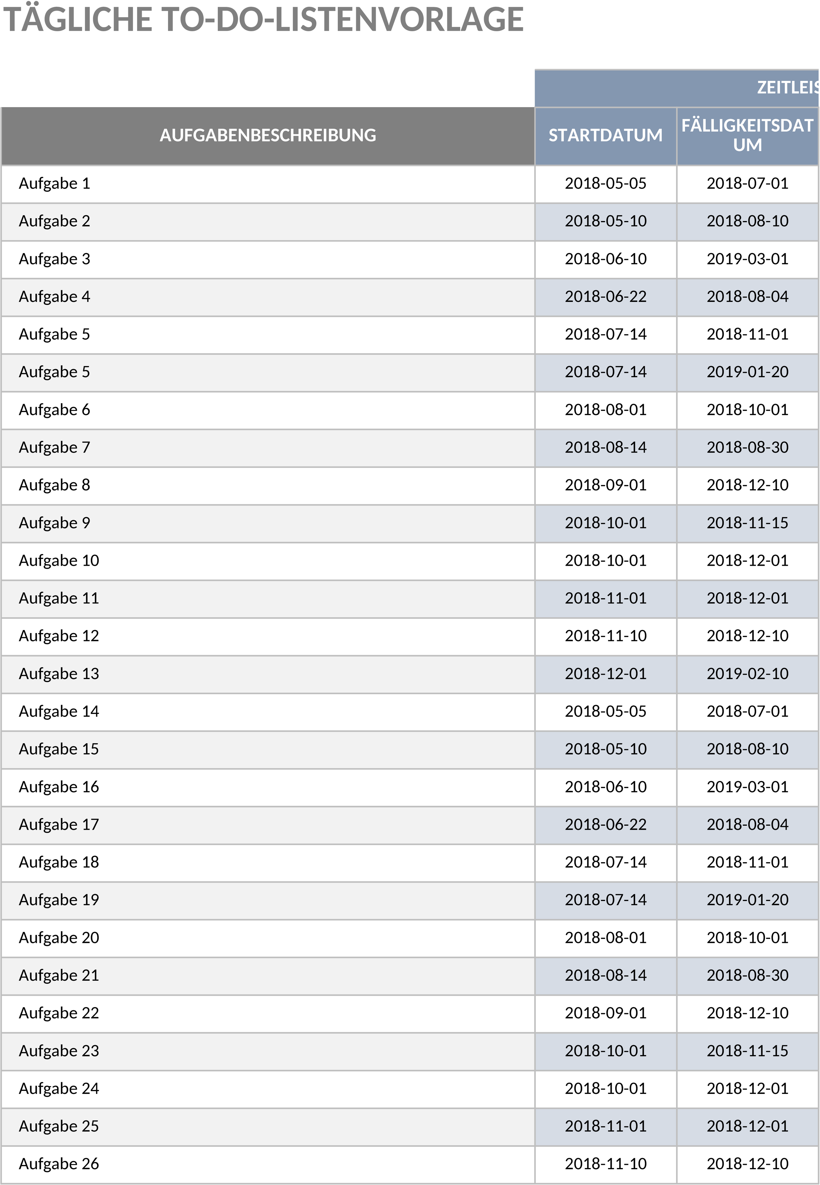 Excel-Vorlage für Tägliche To-Do-Listen