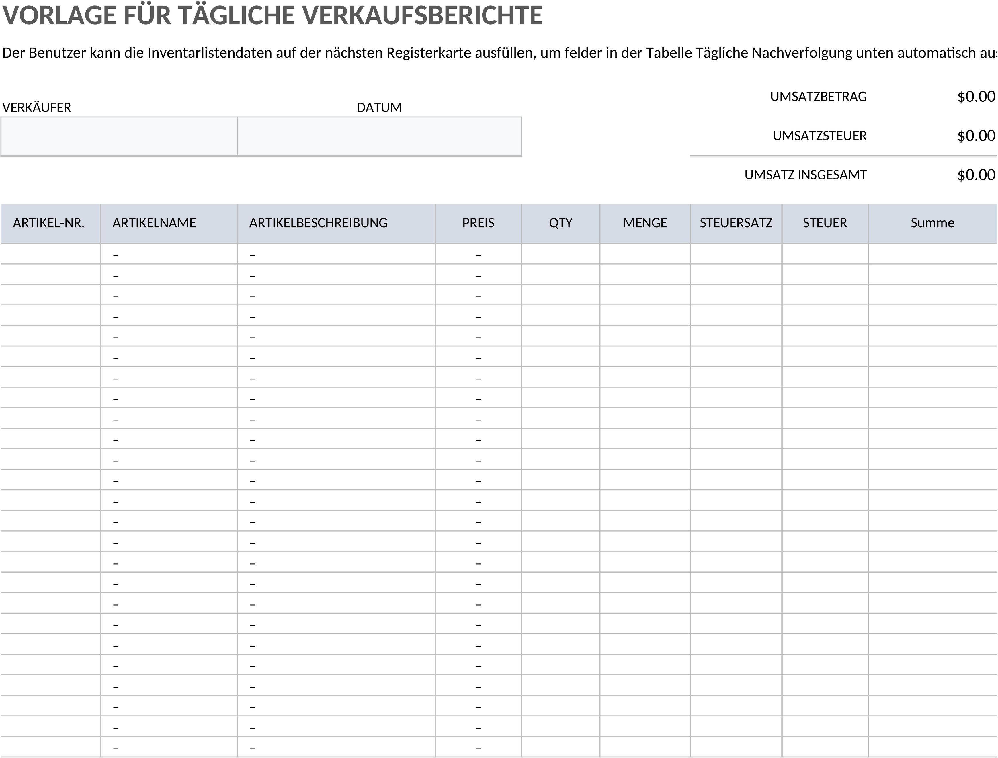 Excel-Vorlage für Tägliche Verkaufsberichte
