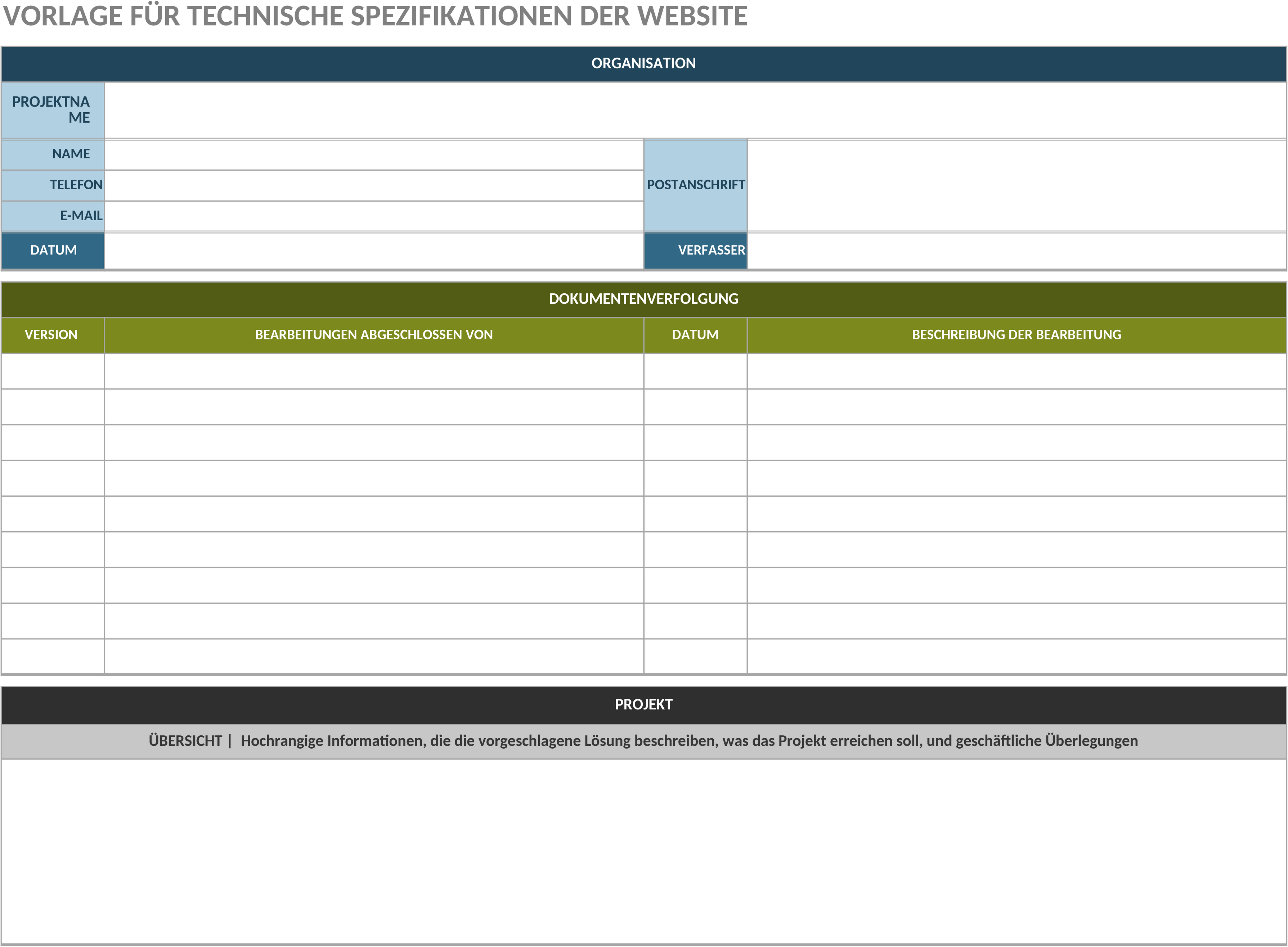 Excel-Vorlage für Technische Website-Spezifikationen