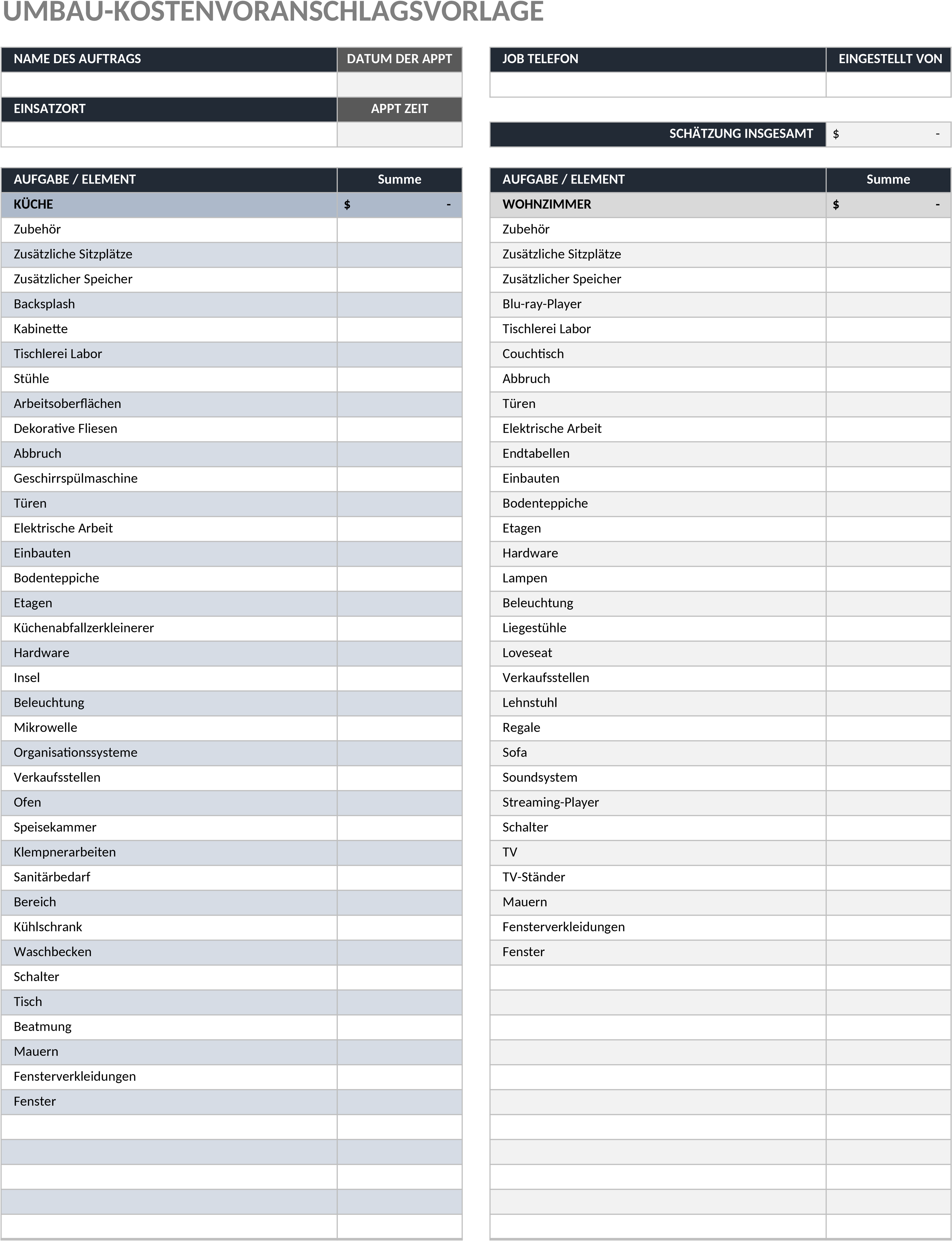 Excel-Vorlage für Umbauschätzung