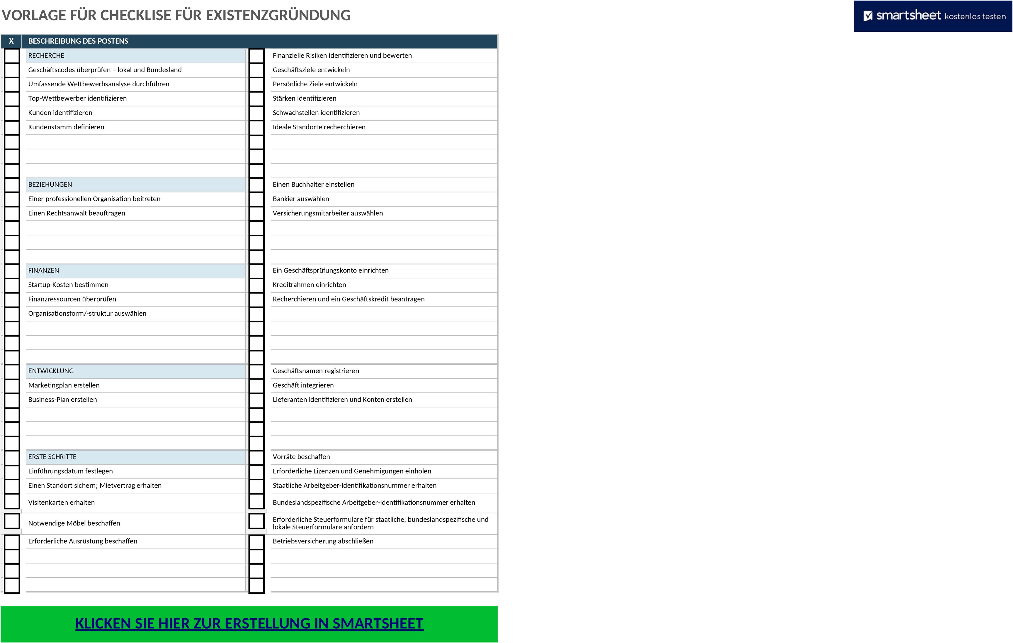 Excel-Vorlage für Unternehmensgründungs-Checkliste