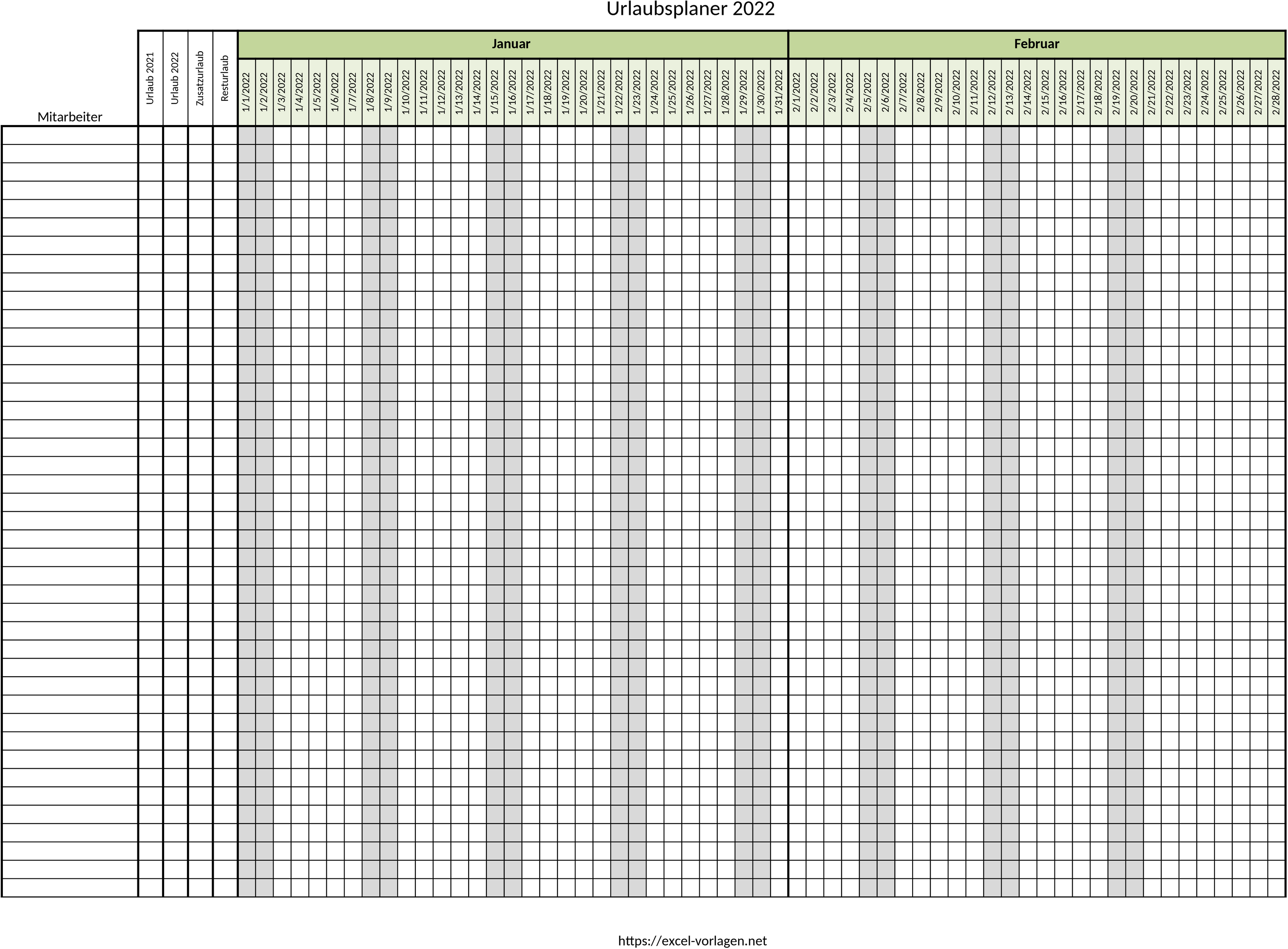 Excel-Vorlage für Urlaubsplanung 2022 mit Mitarbeiterübersicht