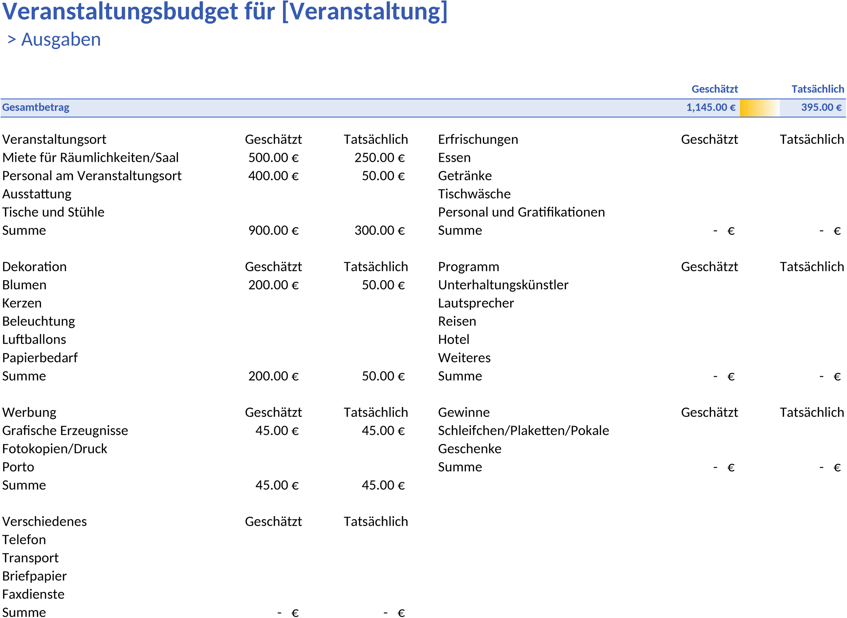 Excel-Vorlage für Veranstaltungsbudgetplanung