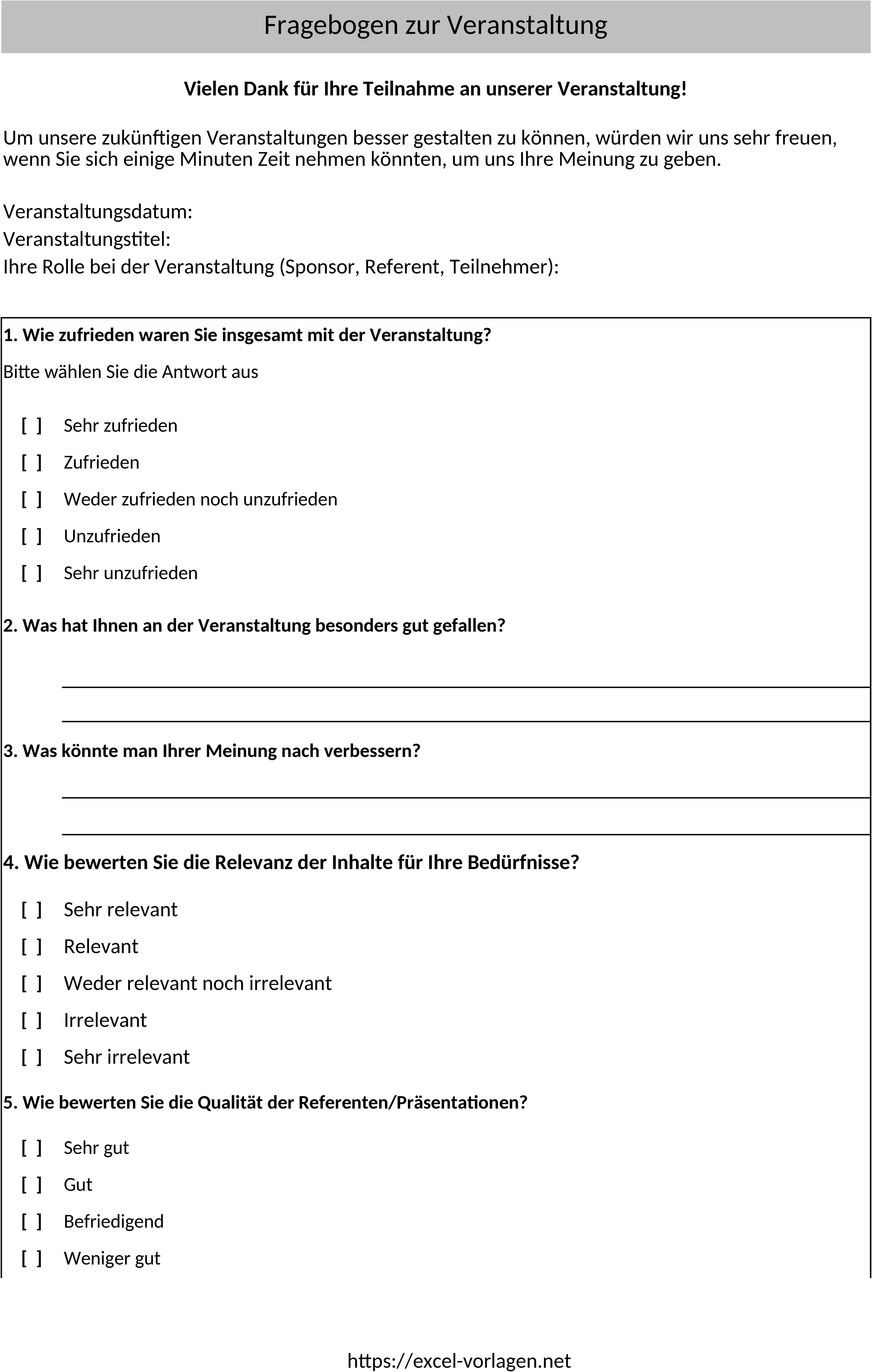 Excel-Vorlage für Veranstaltungsrückmeldungen