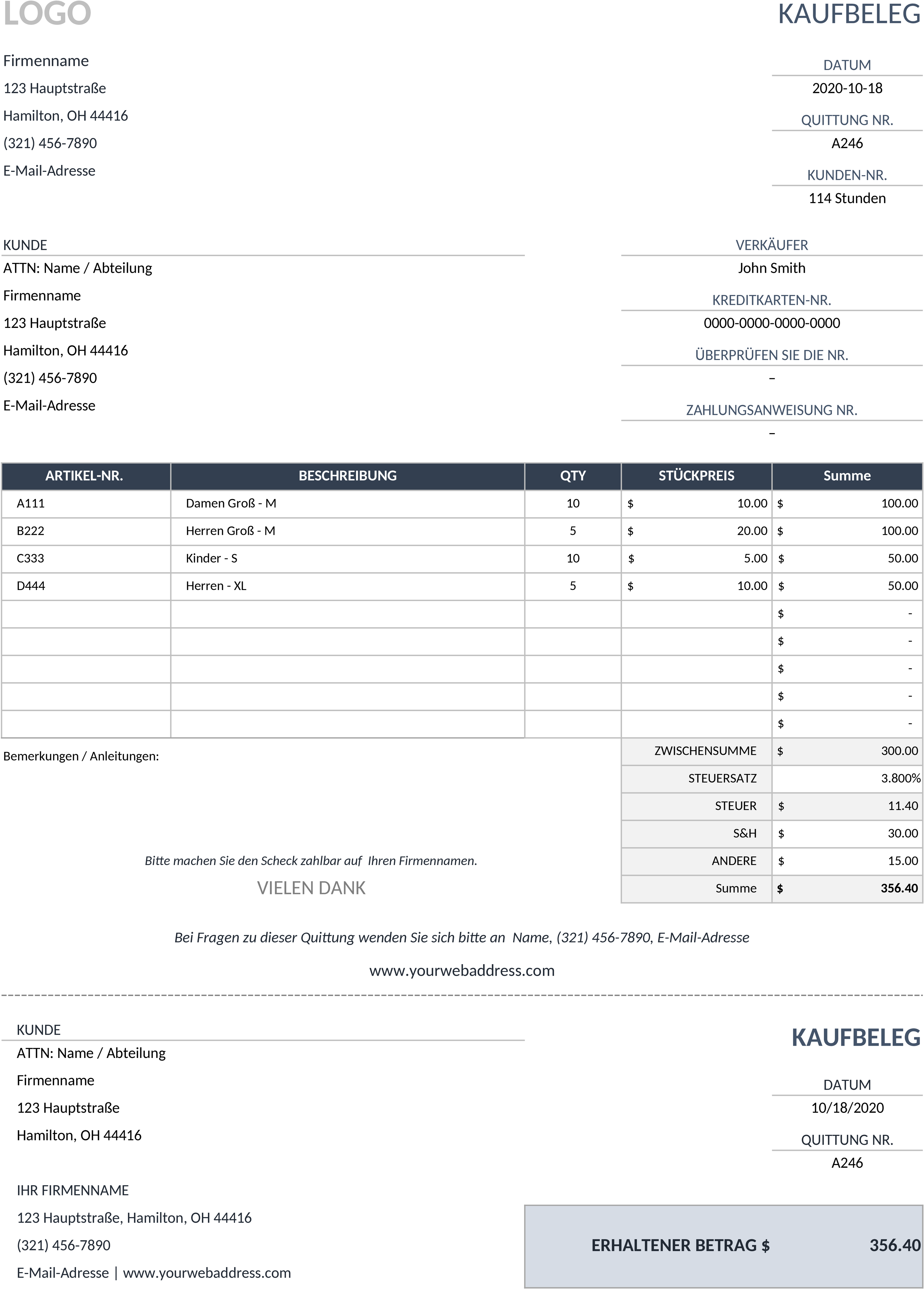 Excel-Vorlage für Verkaufsbelege
