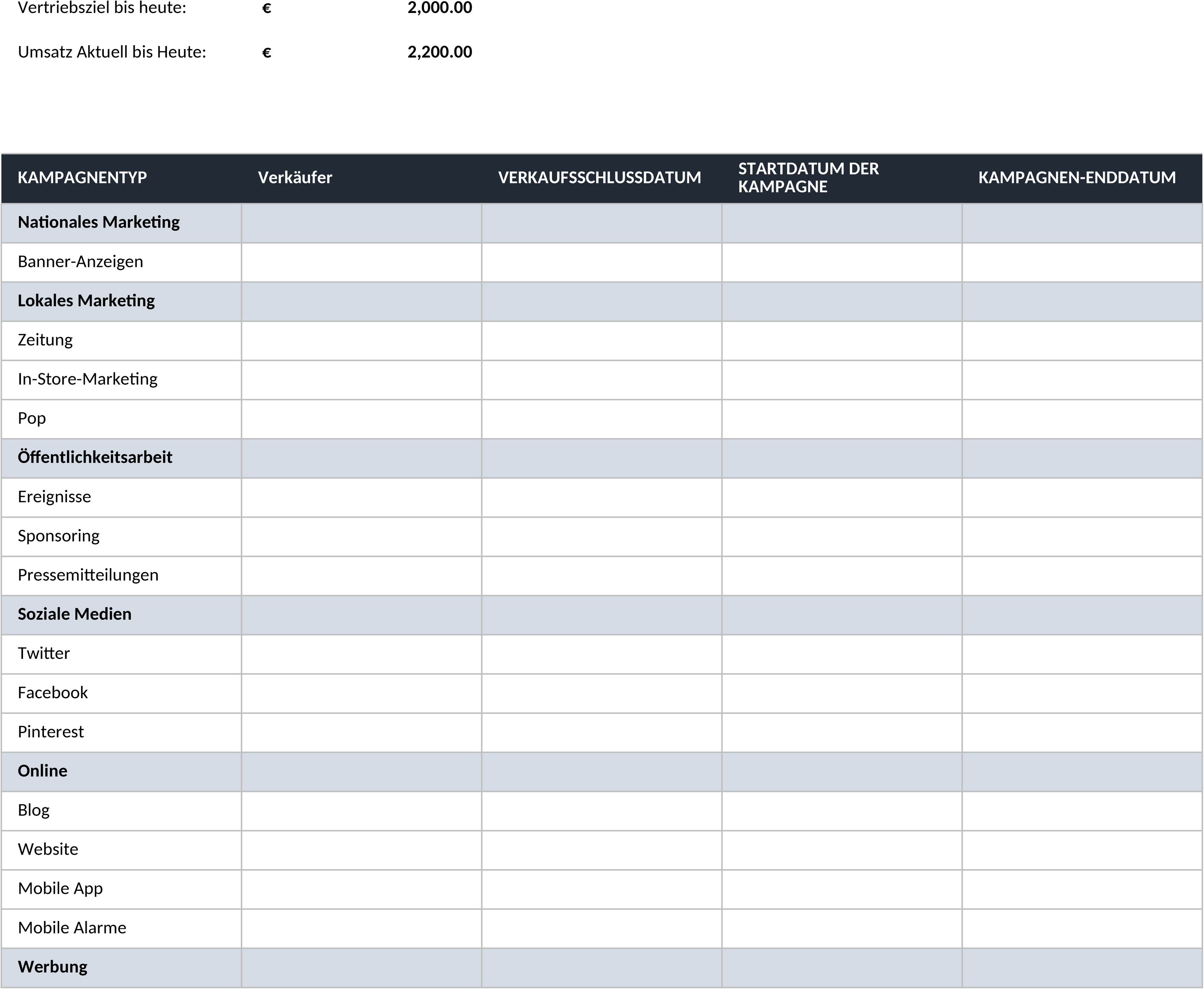 Excel-Vorlage für Verkaufs- und Marketingplan