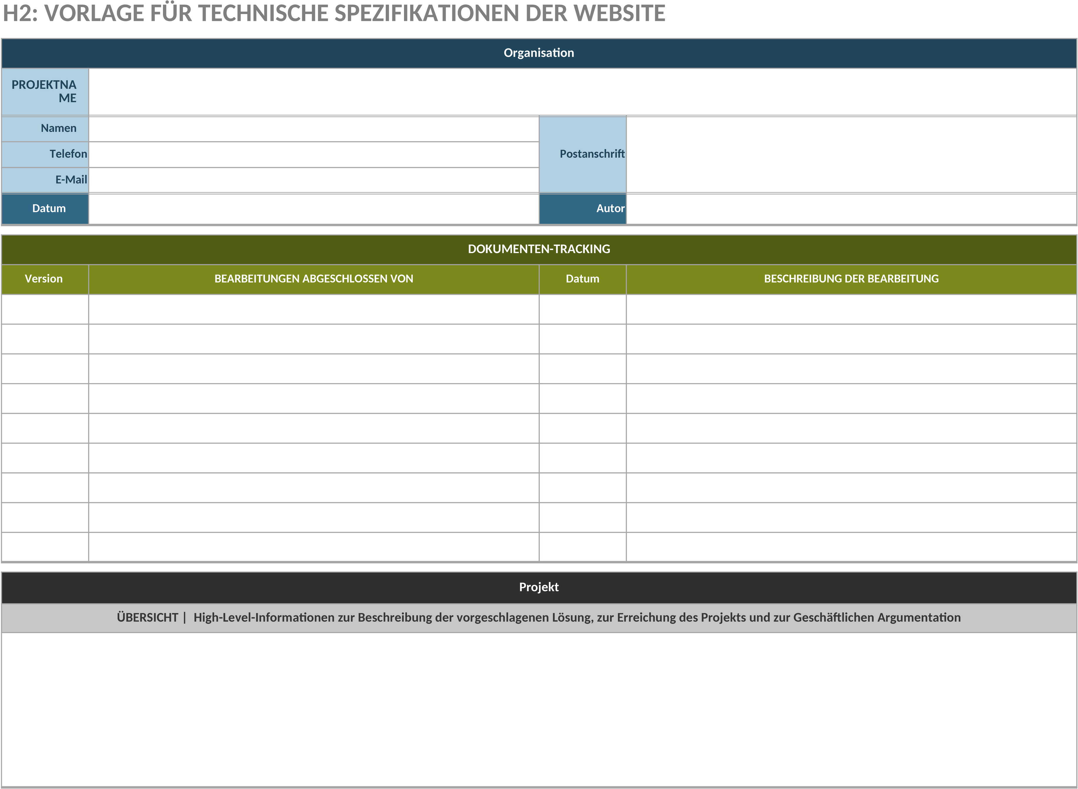 Excel-Vorlage für Website-Technische Spezifikationen