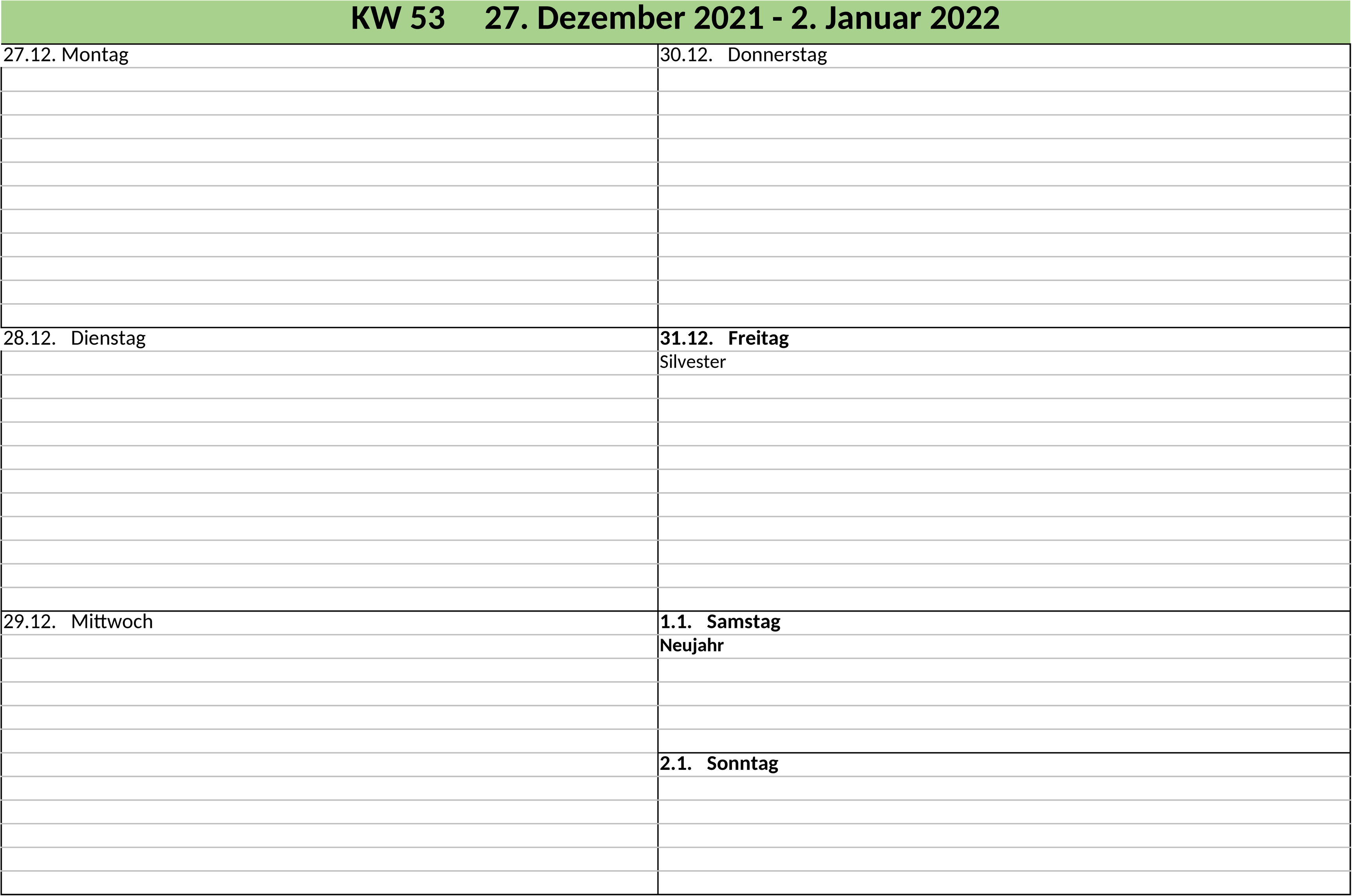 Excel-Vorlage für Wochenkalender 2022