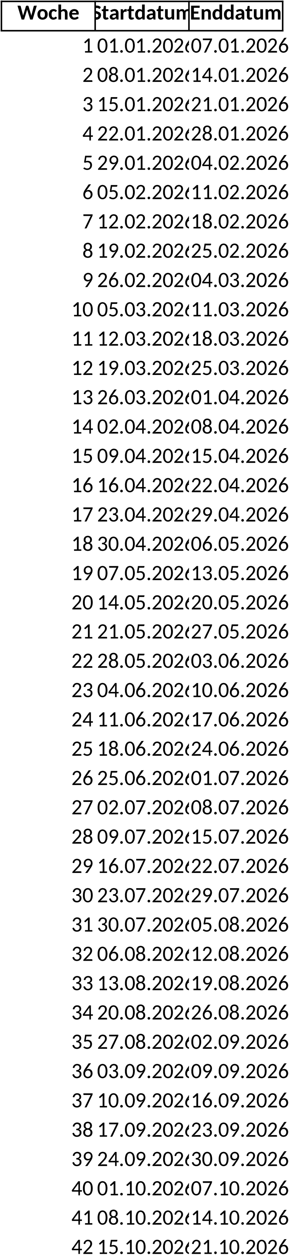 Excel-Vorlage für Wochenkalender 2026