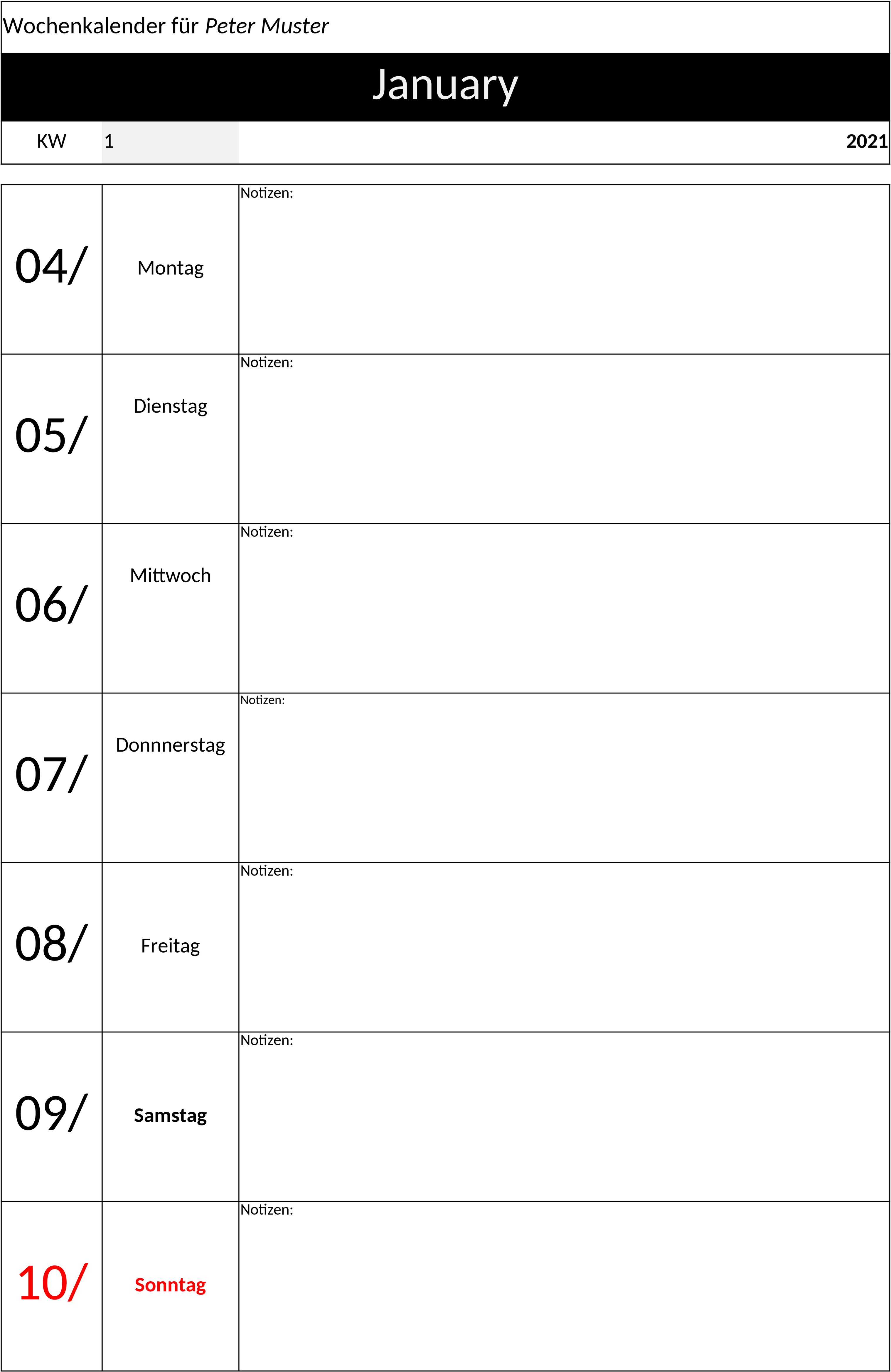 Excel-Vorlage Wochenkalender zum Ausdrucken