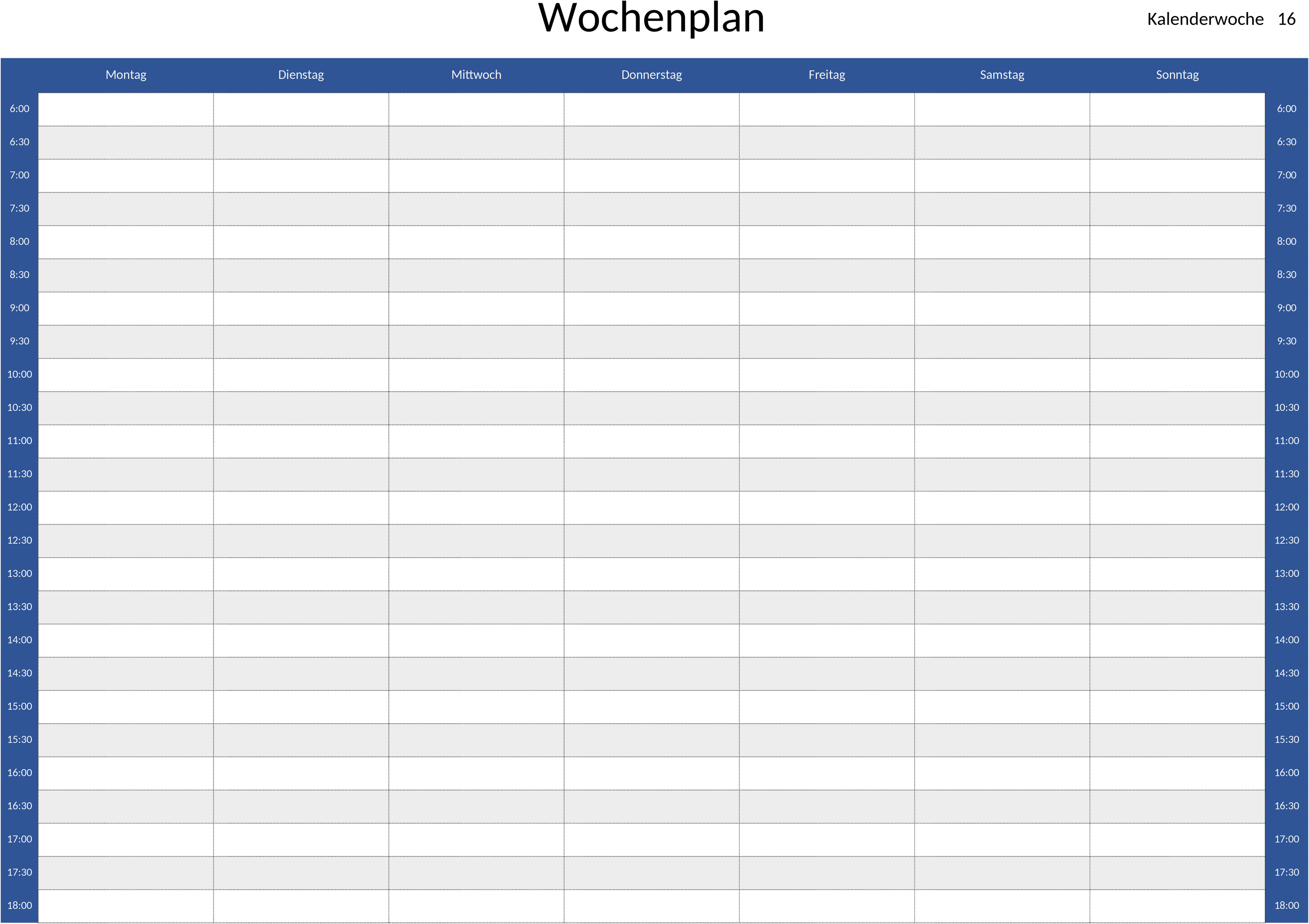Excel-Vorlage für Wochenplanung im 30-Minuten-Takt
