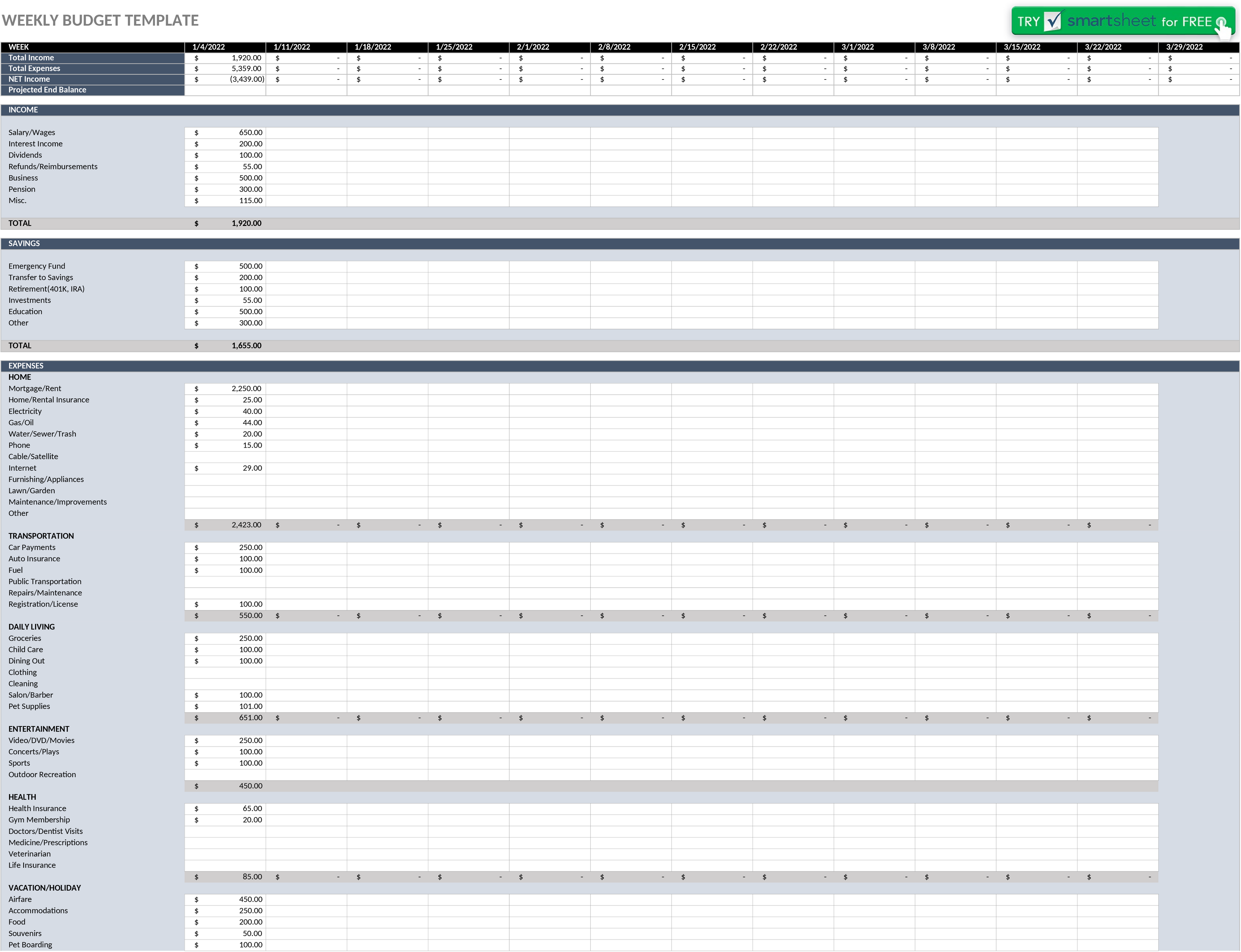 Excel-Vorlage für Wöchentliche Budgetplanung