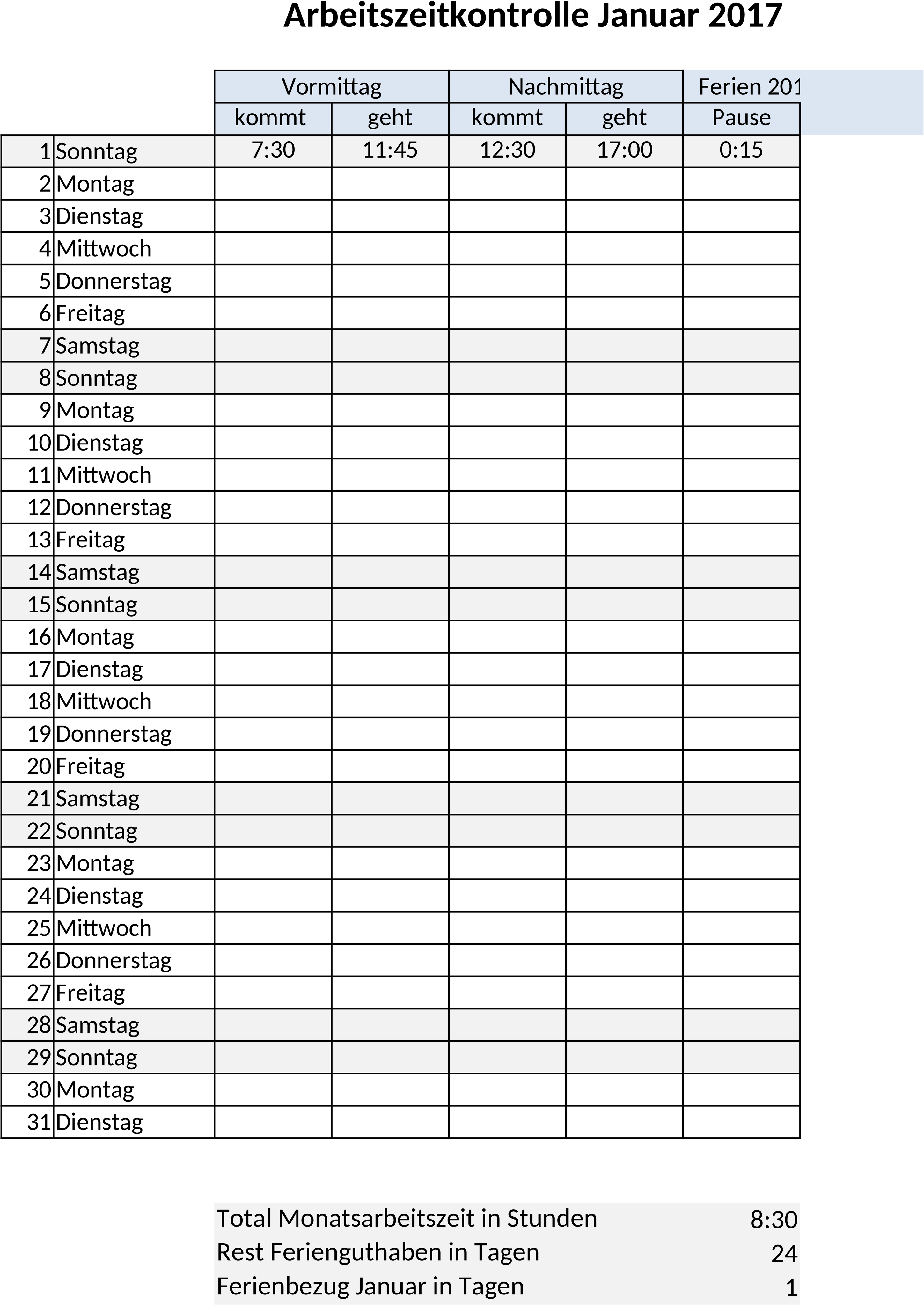 Excel-Vorlage für Zeiterfassung und Arbeitszeittabellen