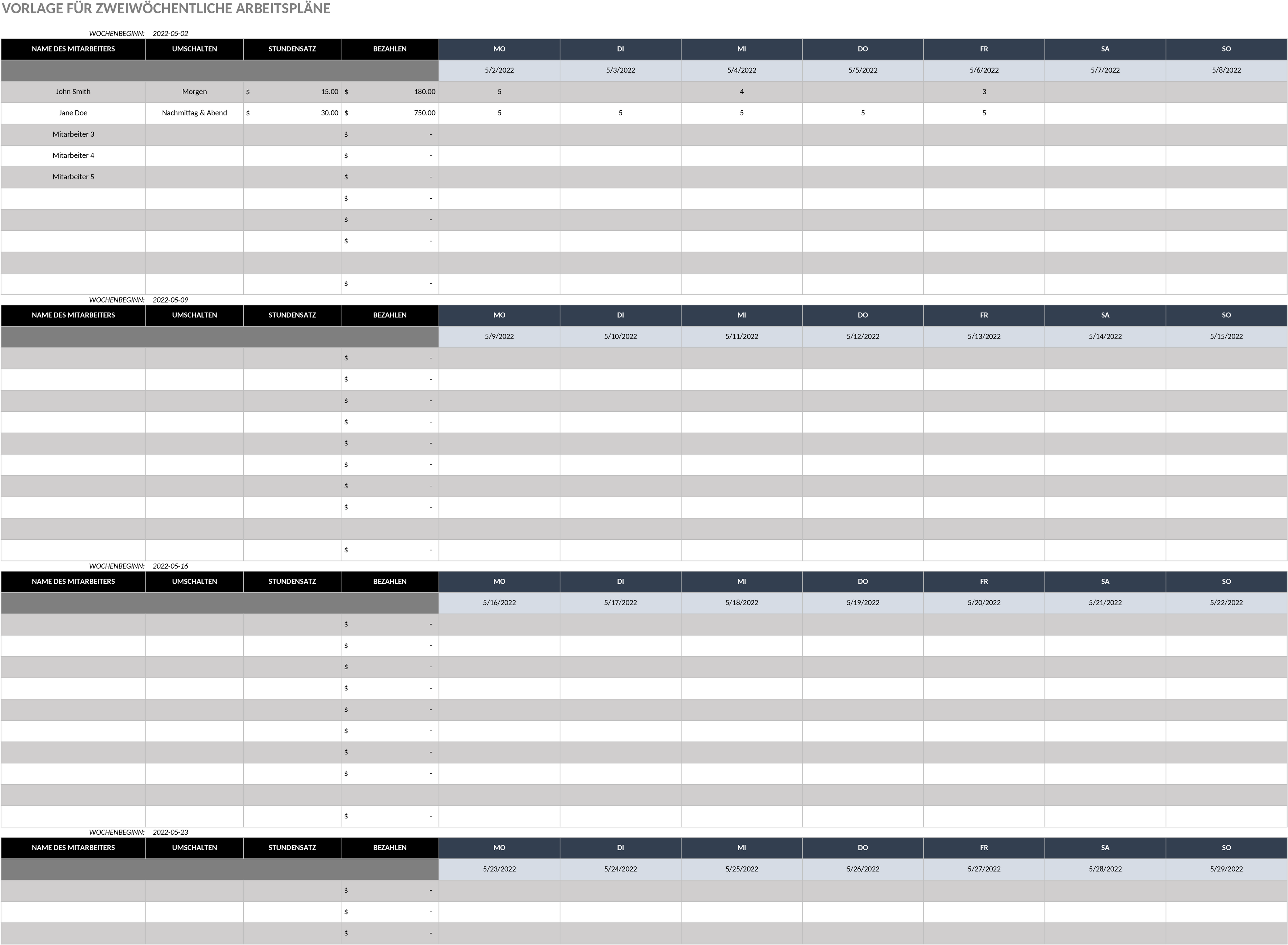 Excel-Vorlage für Zweiwöchentliche Arbeitszeiterfassung
