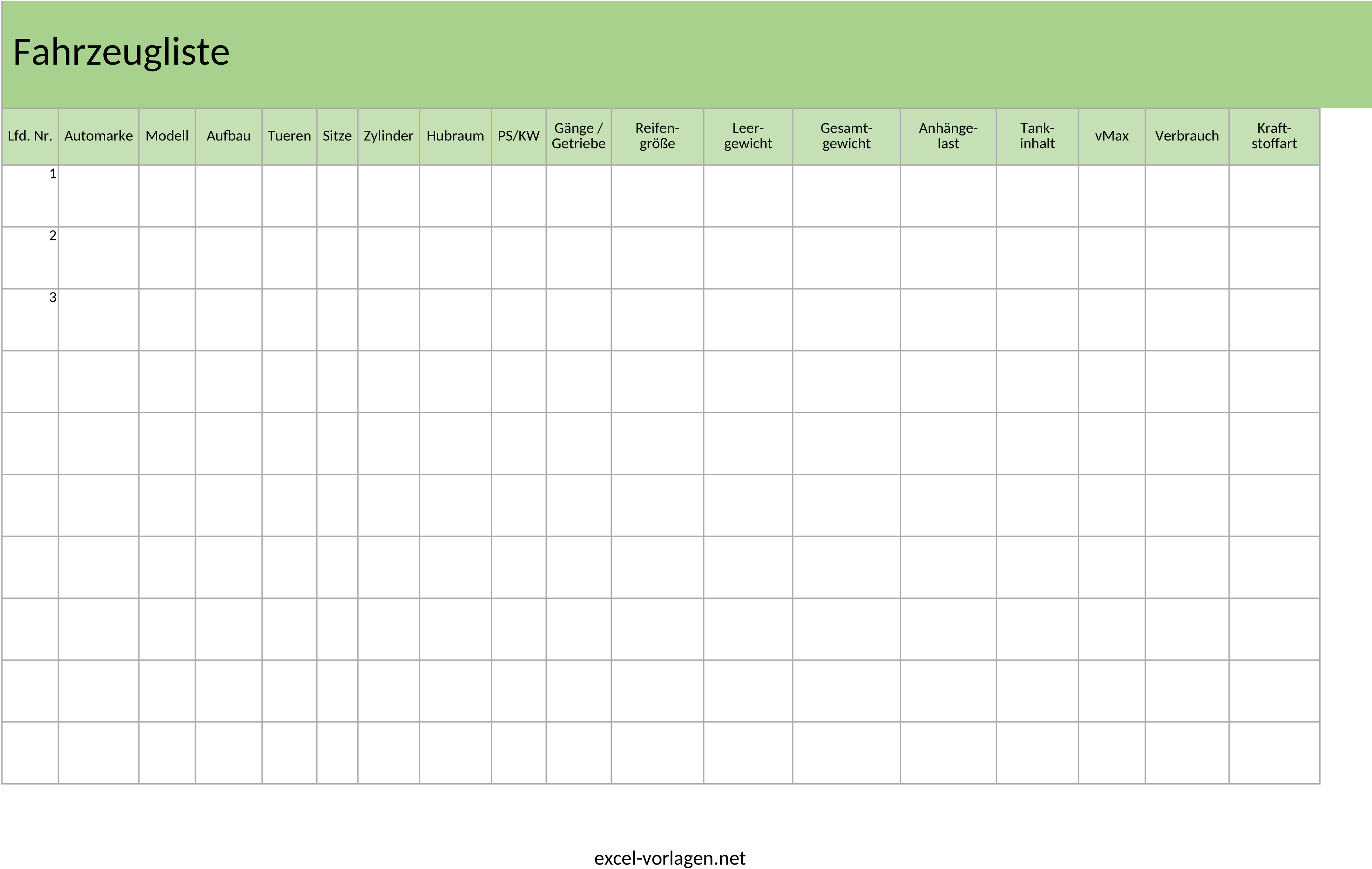 Excel-Vorlage für Fahrzeugverwaltung und Inventarlisten