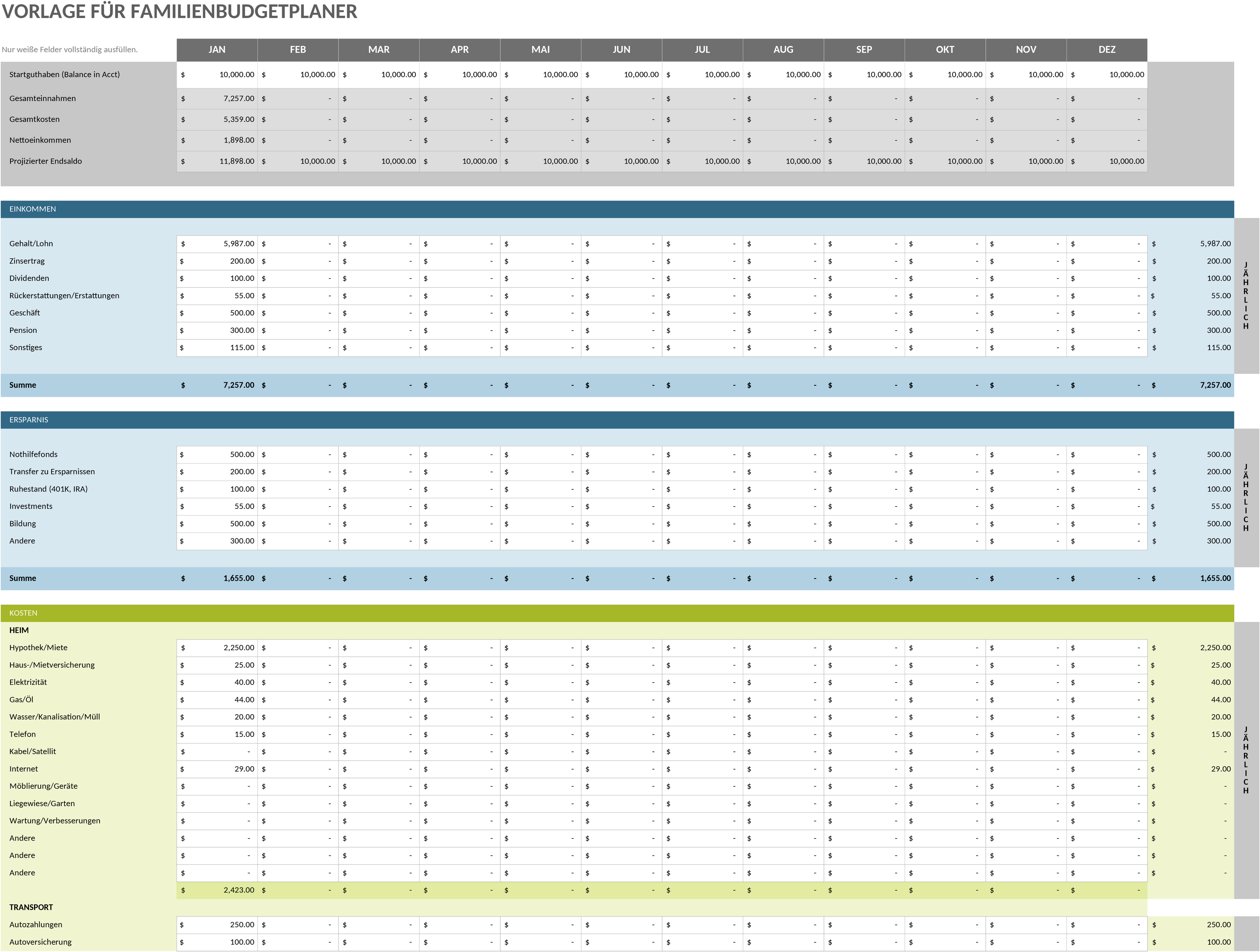 Excel-Vorlage für Familienbudgetplanung und Haushaltsführung