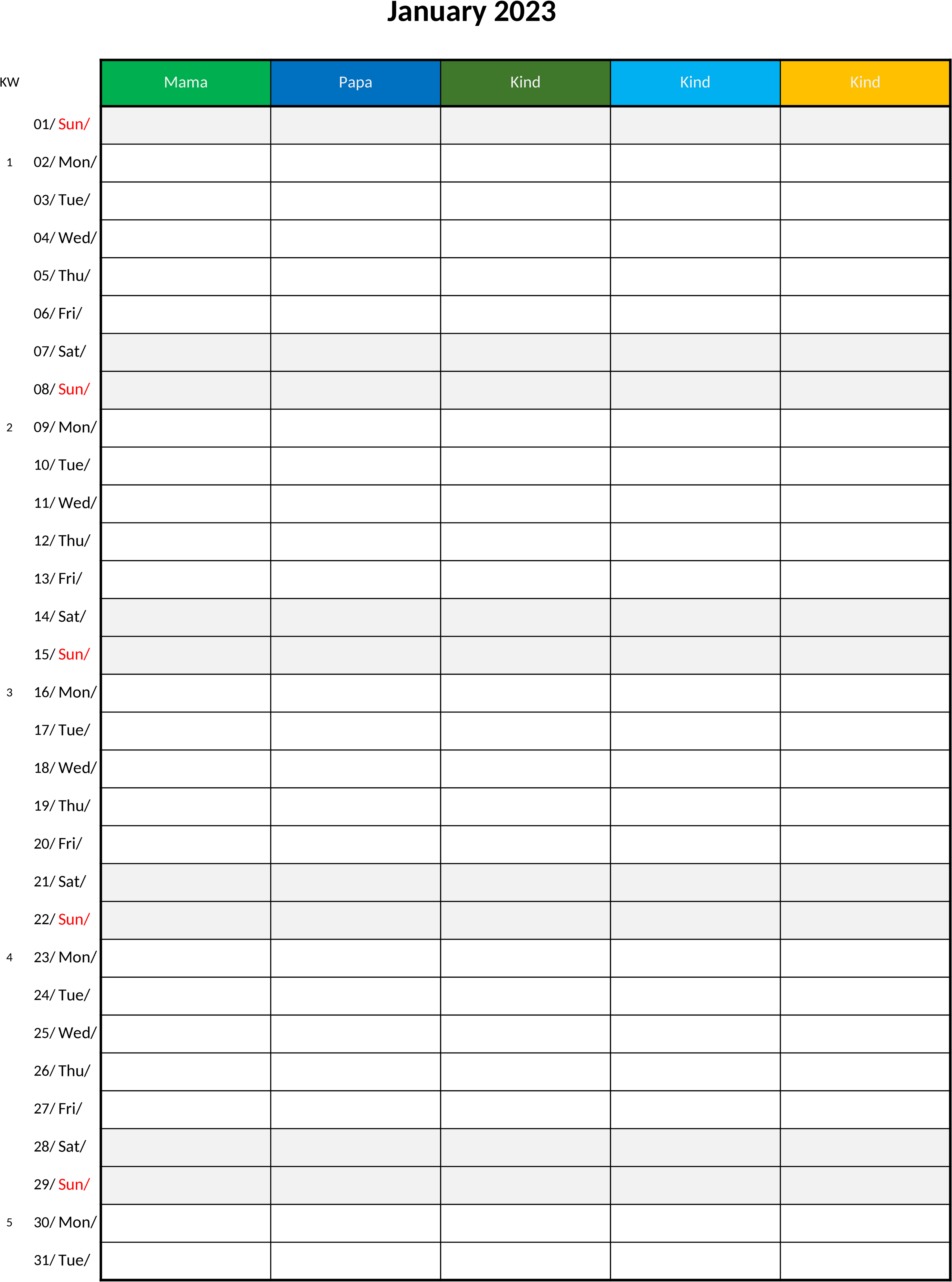 Excel-Vorlage: Familienkalender 2023 mit 5 Spalten