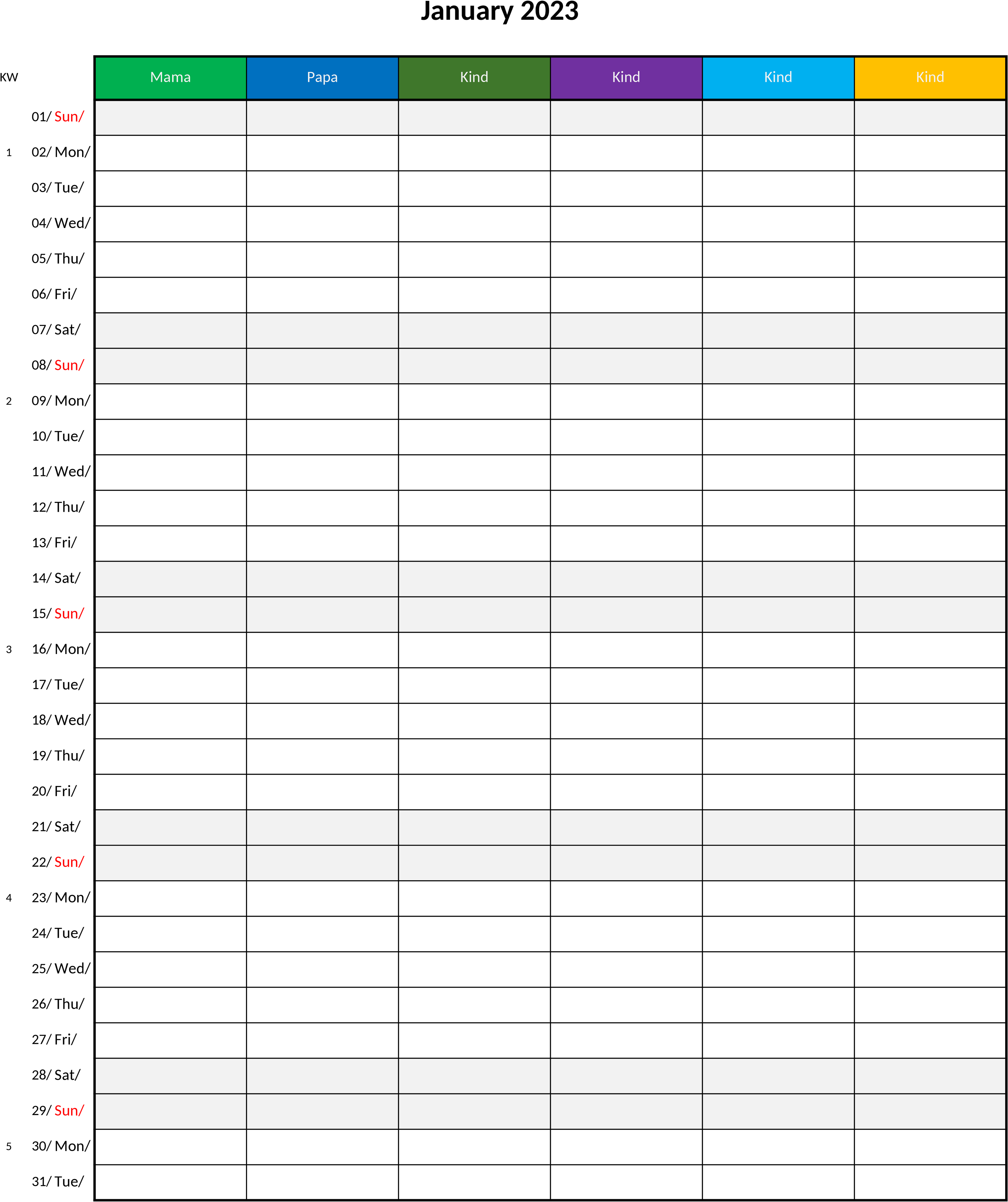 Excel-Vorlage Familienkalender 2023 mit 6 Spalten