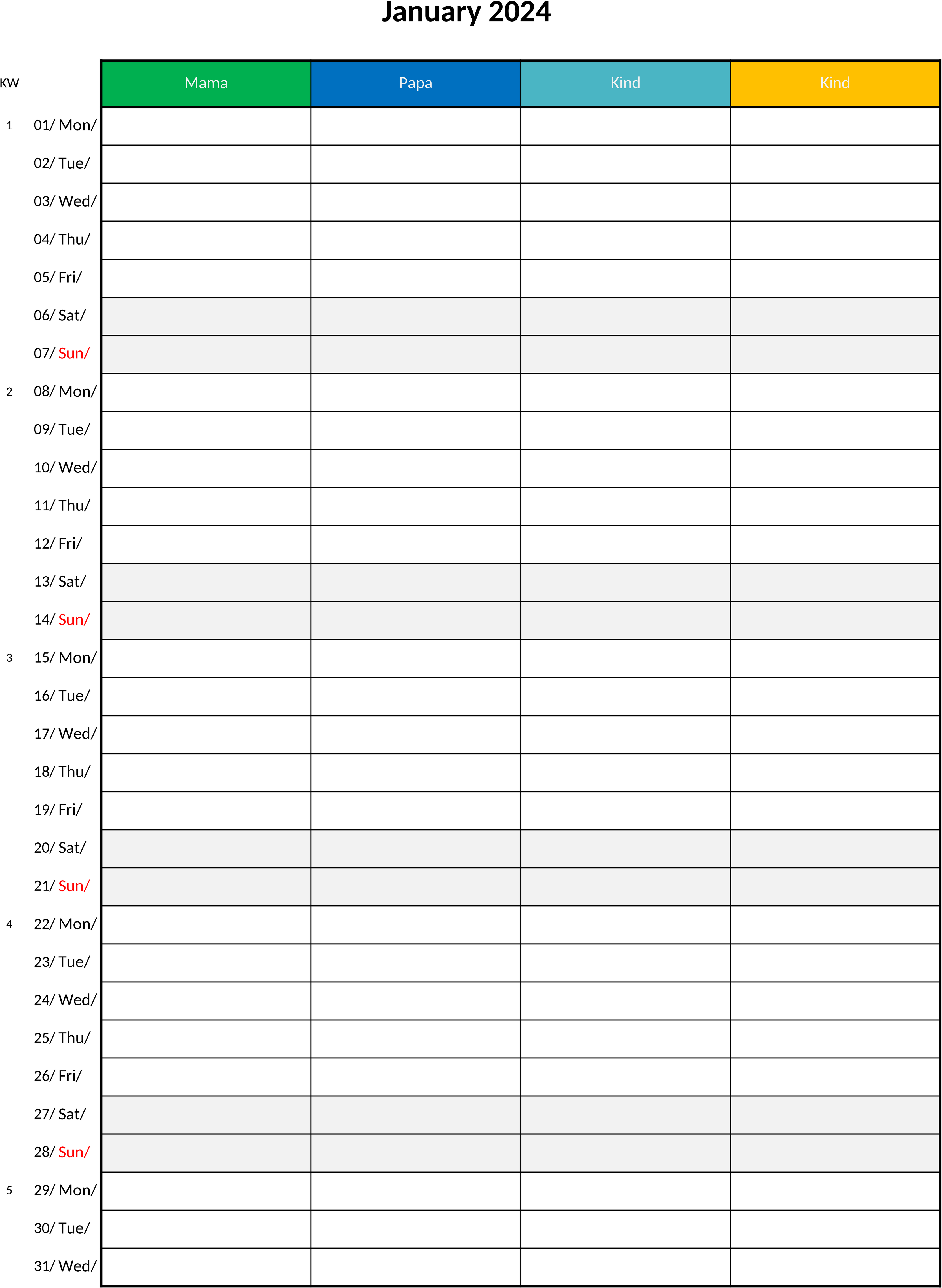 Excel-Vorlage Familienkalender 2024 mit 4 Spalten
