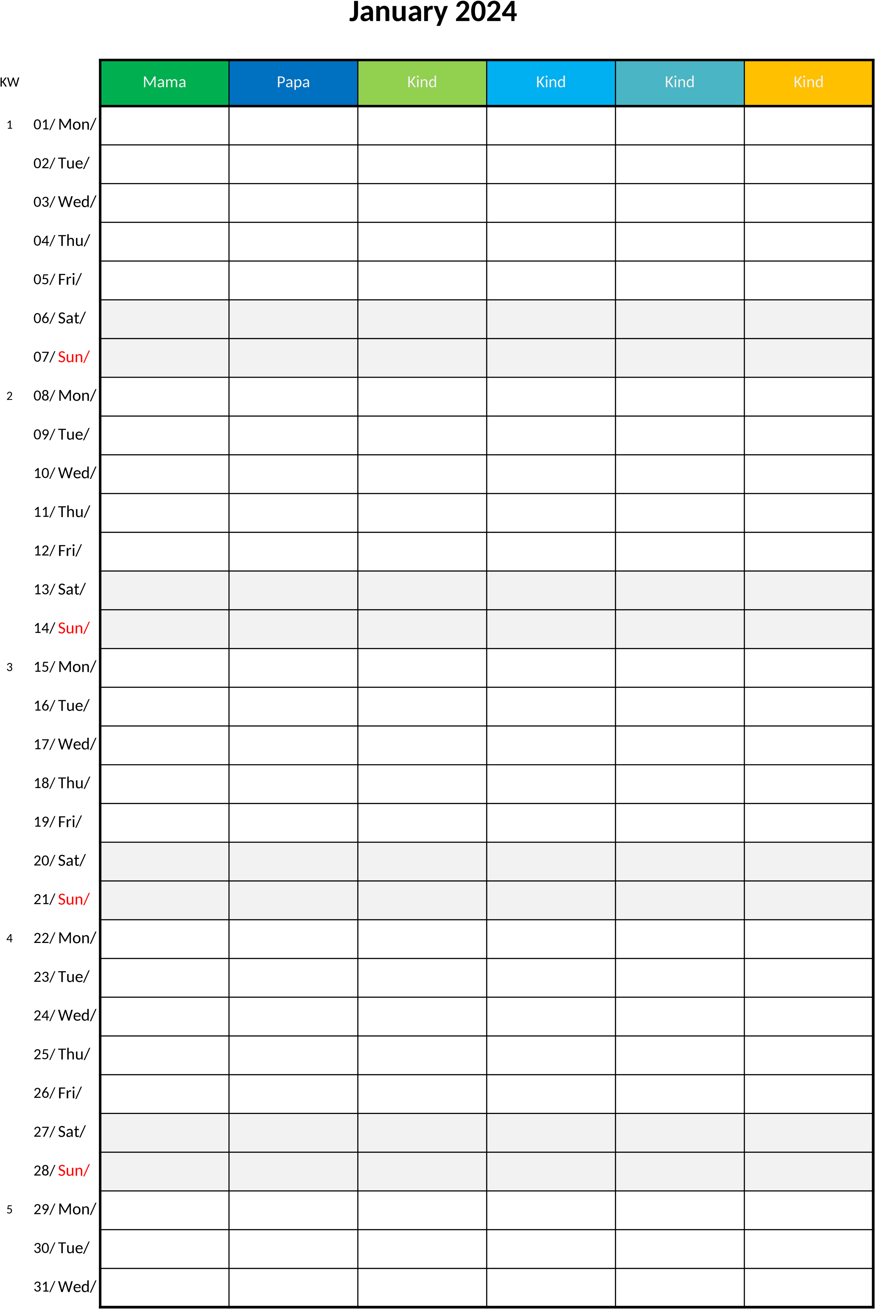 Excel-Vorlage Familienkalender 2024 mit 6 Spalten